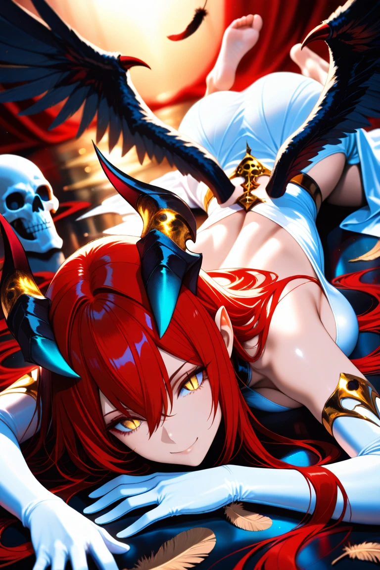 a beautiful female fallen angel with scarlet red hair, glowing eyes, divine angelic wings, 1girl, intricate detailed face, detailed eyes, detailed lips, hyper detailed, masterpiece, 8k, photorealistic, cinematic lighting, dramatic chiaroscuro, dark moody colors, dramatic atmosphere, ornate baroque style, ethereal fantasy, dramatic lighting, divine radiance