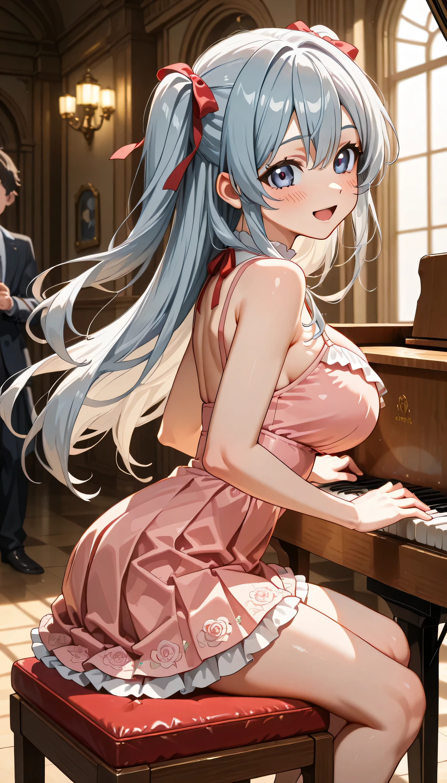 ((ultra-detailed)), (highly detailed CG), (best quality:1.2), ultra-highly detailed, colorful composition, artistic photoshoot, 1girl, solo focus, ((thigh to top:1.4)), ((cowboy shot:1.4)), ((ideal ratio body proportions)), moe anime character, girl, dainty facial structure, (), (round face), ((rounded chin:1.2)), ((ideal ratio body proportions)), celia-default, celia claire, (blue eyes), sparkle eyes, ((silver hair color)), ((two side up)), (hair ribbon with pink), ((hair is swaying in the wind)), ((smile:1.4)), ((happy:1.4)), ((joyful:1.4)), ((blush:1.2)), ((open mouth)), ample breasts, ((pink semi formal dress with gold decorations)), ((play the piano:1.4)), dynamic pose, contrapposto pose, sitting in a chair to play the piano, in the classical concert hall, audience sitting in the audience seats, from side, expecting, pink cheek, blush, light pink gloss slip, portrait, depth of field, shining lighting, sidelighting, (shine), lighting, caustics, ray tracing, smile, perfect face, lustrous skin, highly detailed face, highly detailed eyes, perfect face, perfect nose, perfect hair, perfect eyes, perfect anatomy, beautiful hair, beautiful small face, extremely detailed face, beautiful detailed eyes, beautiful clavicle, beautiful body, beautiful huge breasts, leavage, breasts squeezed together, equalize the size of the left and right breasts, beautiful thin thighs, beautiful legs, beautiful fingers, 4 fingers, 1 thumb, lovely, (very detailed background:1.0), (highly detailed background:1.0), intricate details, joyful atmosphere, chromatic aberration