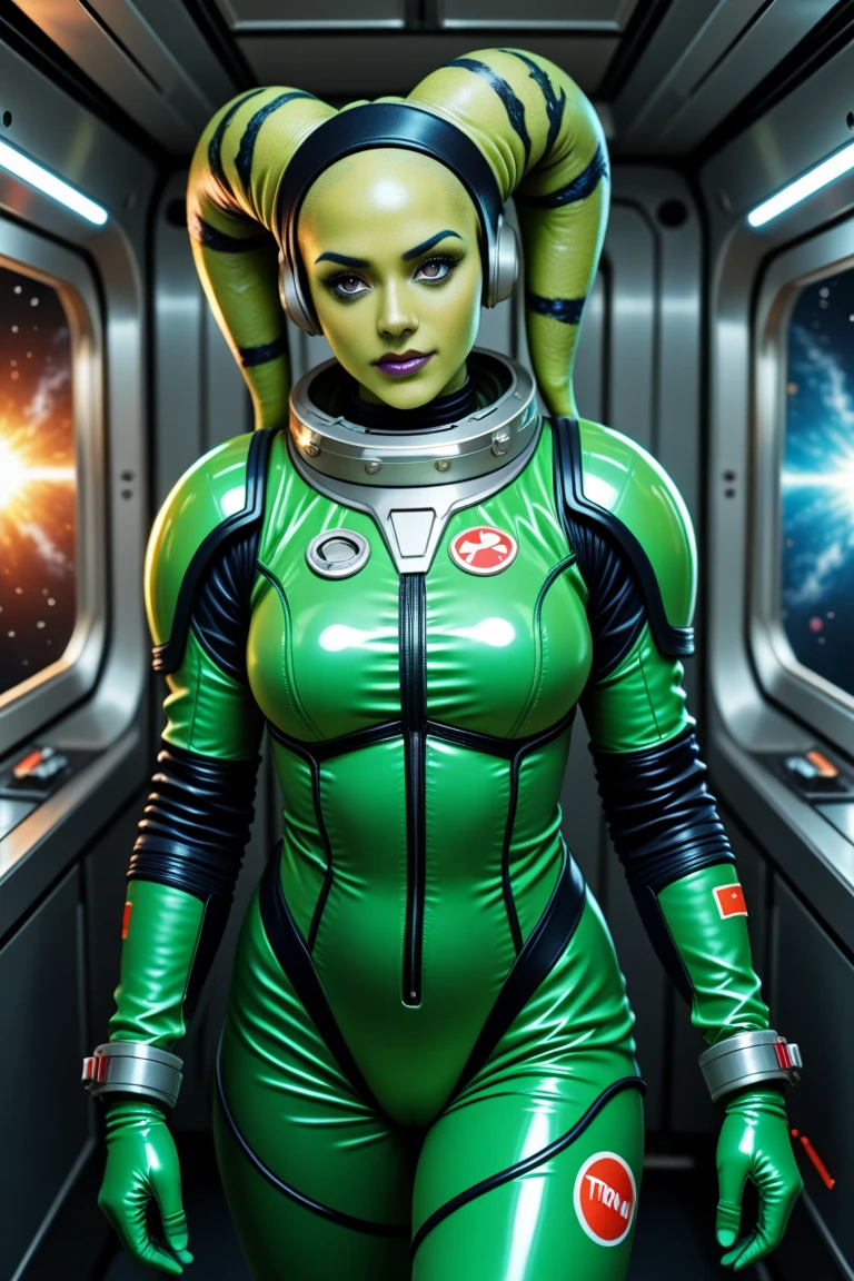a group of sexy space goblins, green skin, chubby, large breasts, wide hips, wearing revealing scrap metal space suits, posing seductively in a bedroom, surrounded by scrap metal ships and weapons with skull insignias, highly detailed, 8k, photorealistic, dramatic lighting, fantasy, science fiction