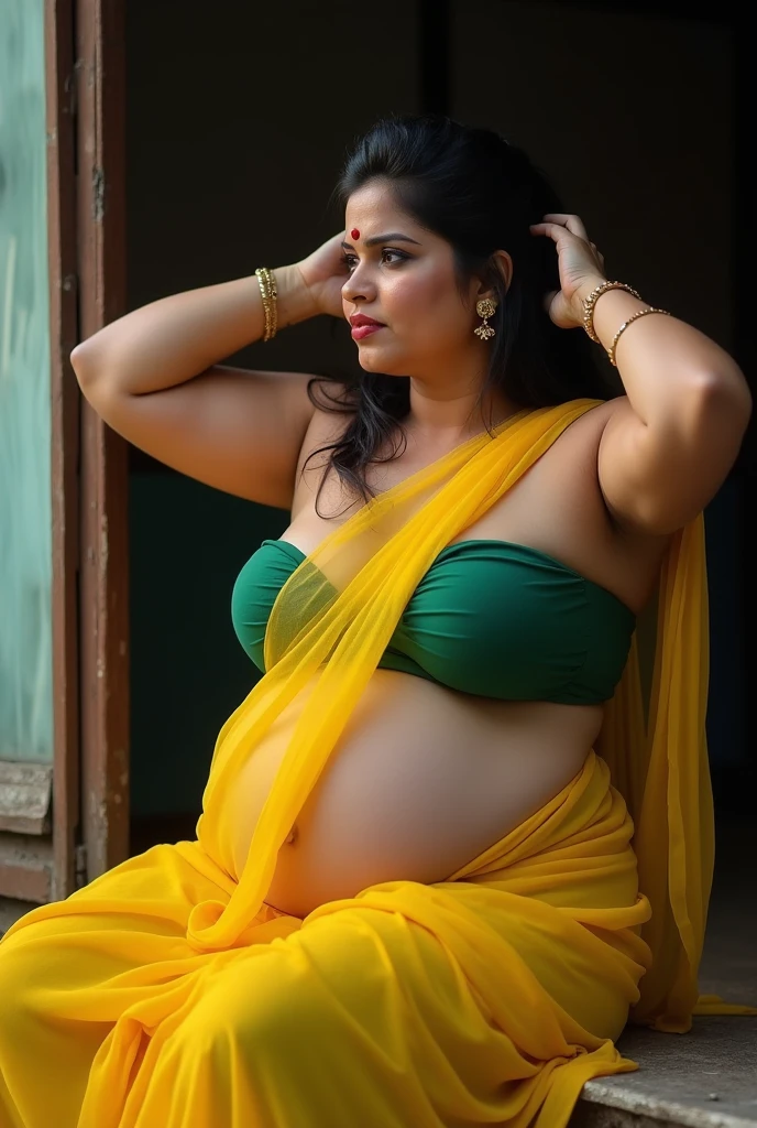 Indian hindu goddess sita, traditional yellow saree, pregnant, temple