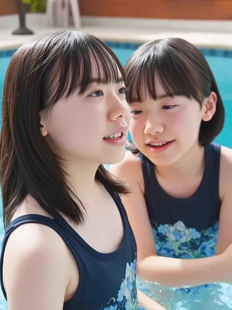 There was a woman and a child sitting in the pool, playing at swiming pool, with a child, Sitting in the pool, ???, in a swimming pool, In water! up to shoulders, Mom, taken with a Sony A7R camera, toddlers, ruan jia and brom, 2 years old, In water, jinyiwei, Swimming, kiddy big breasts