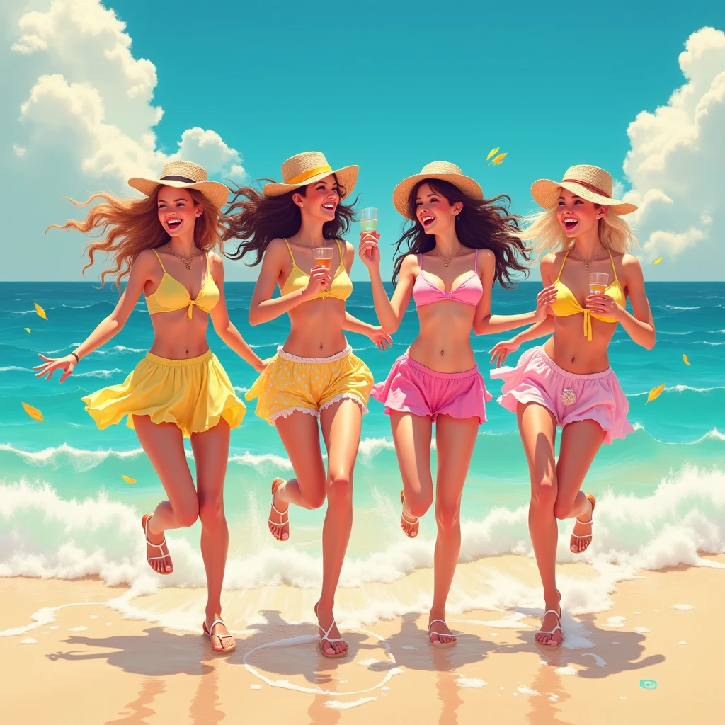 beach parties, aesthetic, extremely detailed, Exquisite, lively, Illustration, mid shot, Beach , joyful, dancing, sandy beach, clear blue sky, sparkling ocean, warm sunlight, dynamic lighting, bright colors, oil painting, watercolors, ink, vivid, contrast, retro-futuristic, Lo-Fi, dreamcore, Fujifilm, cinematic, Olivia Harrison, Brian Bolland, Jae Lee, (best quality, 4k, 8k, highres, masterpiece:1.2), ultra-detailed, (realistic, photorealistic, photo-realistic:1.37), HDR, UHD, studio lighting, extreme detail description, professional, vivid colors, bokeh, beach, portraits, landscape