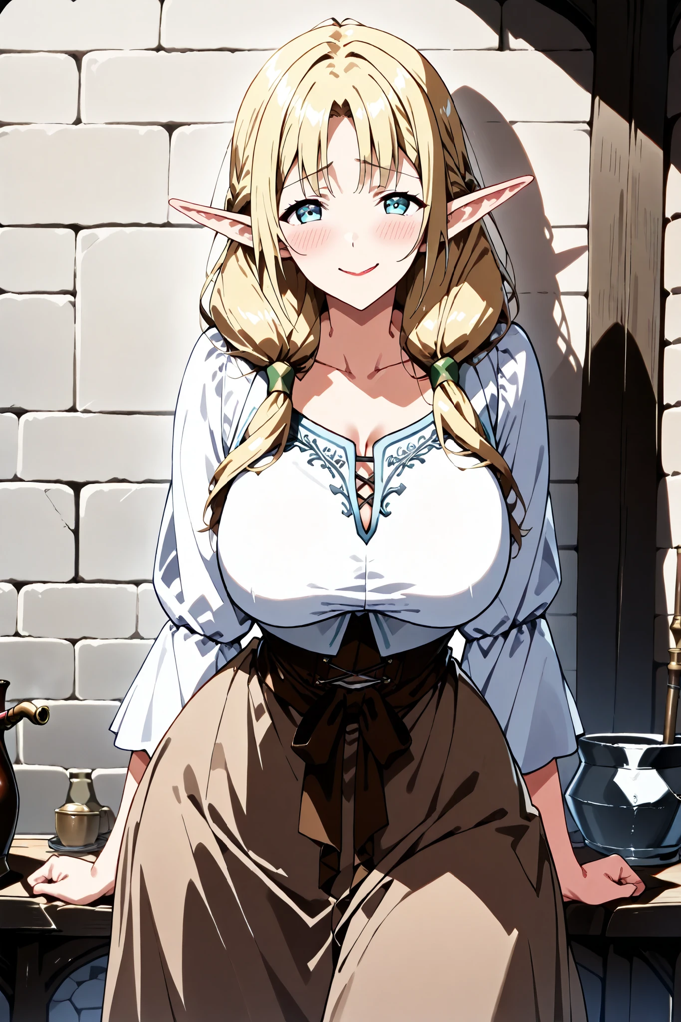 1 girl, Mature female elf , elf ears, Mature woman, Blonde hair, pigtails, light blue eyes, (Pretty Eyes), Sweet expression , red lipstick, (sweet smile pajamas: 1.4), medium breasts, seios flácidos de Mature woman, (white medieval tunic: 1.5), (long medieval brown skirt: 1.5), thin waist, thin hips, (shy pose: 1.3), (best quality: 1,5), (High details: 1,5), (anime art style: 1,5), score_9, score_8_above, score_7_above, score_6_above , score_5_above , score_4_above. (smoking pipe: 1.3)