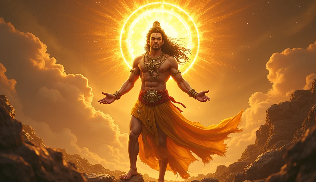Fire hanuman standing in between the sky on sunset