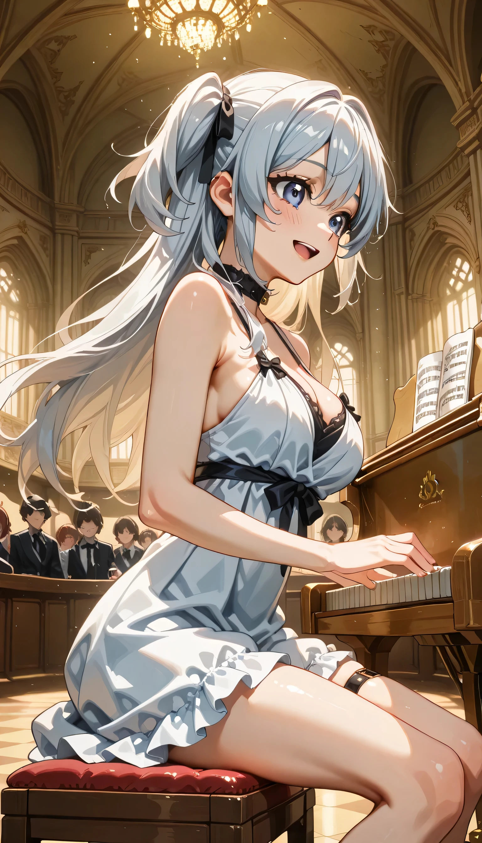 ((ultra-detailed)), (highly detailed CG), (best quality:1.2), ultra-highly detailed, colorful composition, artistic photoshoot, 1girl, solo focus, ((thigh to top:1.4)), ((cowboy shot:1.4)), ((ideal ratio body proportions)), moe anime character, girl, dainty facial structure, (), (round face), ((rounded chin:1.2)), ((ideal ratio body proportions)), celia-default, celia claire, (blue eyes), sparkle eyes, ((silver hair color)), ((two side up)), (hair ribbon with pink), ((hair is swaying in the wind)), ((smile:1.4)), ((happy:1.4)), ((joyful:1.4)), ((blush:1.2)), ((open mouth)), ample breasts, ((pink semi formal dress with gold decorations)), ((play the piano:1.4)), dynamic pose, contrapposto pose, sitting in a chair to play the piano, ((in the classical concert hall:1.4)), ((audience sitting in the audience seats:1.4)), from side, expecting, pink cheek, blush, light pink gloss slip, portrait, depth of field, shining lighting, sidelighting, (shine), lighting, caustics, ray tracing, smile, perfect face, lustrous skin, highly detailed face, highly detailed eyes, perfect face, perfect nose, perfect hair, perfect eyes, perfect anatomy, beautiful hair, beautiful small face, extremely detailed face, beautiful detailed eyes, beautiful clavicle, beautiful body, beautiful ample breasts, leavage, breasts squeezed together, equalize the size of the left and right breasts, beautiful thin thighs, beautiful legs, beautiful fingers, 4 fingers, 1 thumb, lovely, (very detailed background:1.0), (highly detailed background:1.0), intricate details, joyful atmosphere, chromatic aberration