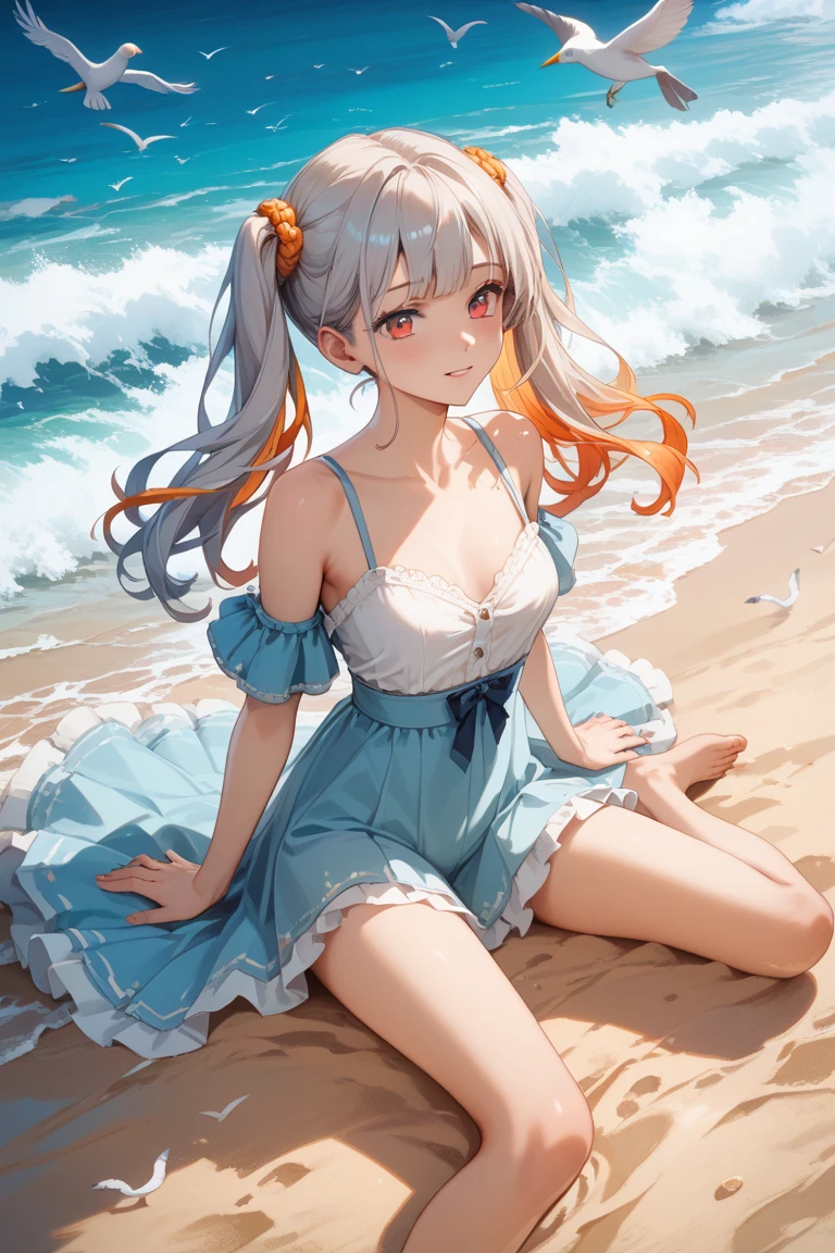 pretty young girl wearing a funny hat sitting on a beach, 1girl, solo, long hair, barefoot, hat, jewelry, beach, flower, nail polish, sitting, toenail polish, day, braid, hair ornament, very long hair, outdoors, toenails, palm tree, purple eyes, ocean, swimsuit, (best quality, 4k, 8k, highres, masterpiece:1.2), ultra-detailed, (realistic, photorealistic, photo-realistic:1.37), through bangs, beautiful detailed(eyes, lips), cute face, vibrant colors, natural lighting, dynamic pose, intricate details, detailed facial features, long eyelashes, full lips, cinematic, fantasy, adventure