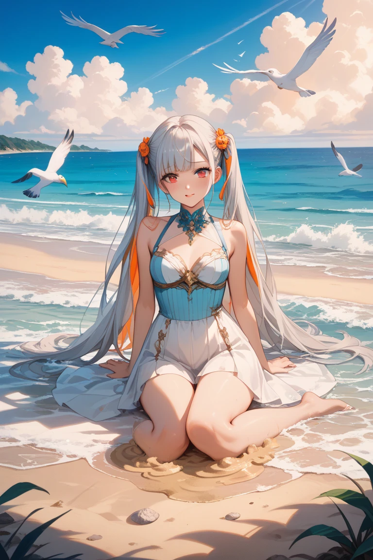kamisato ayaka| genshin impact, master-piece, bestquality, 1girls,25 years old, proportional body, proportional., Water set, Fabric swimwear, , ,bara, Beautiful sea, The sky is beautiful, View viewers from the front.,Sitting on the beach, Thigh strap, Head tilt, bored, 10, 10, HD, slight smile,