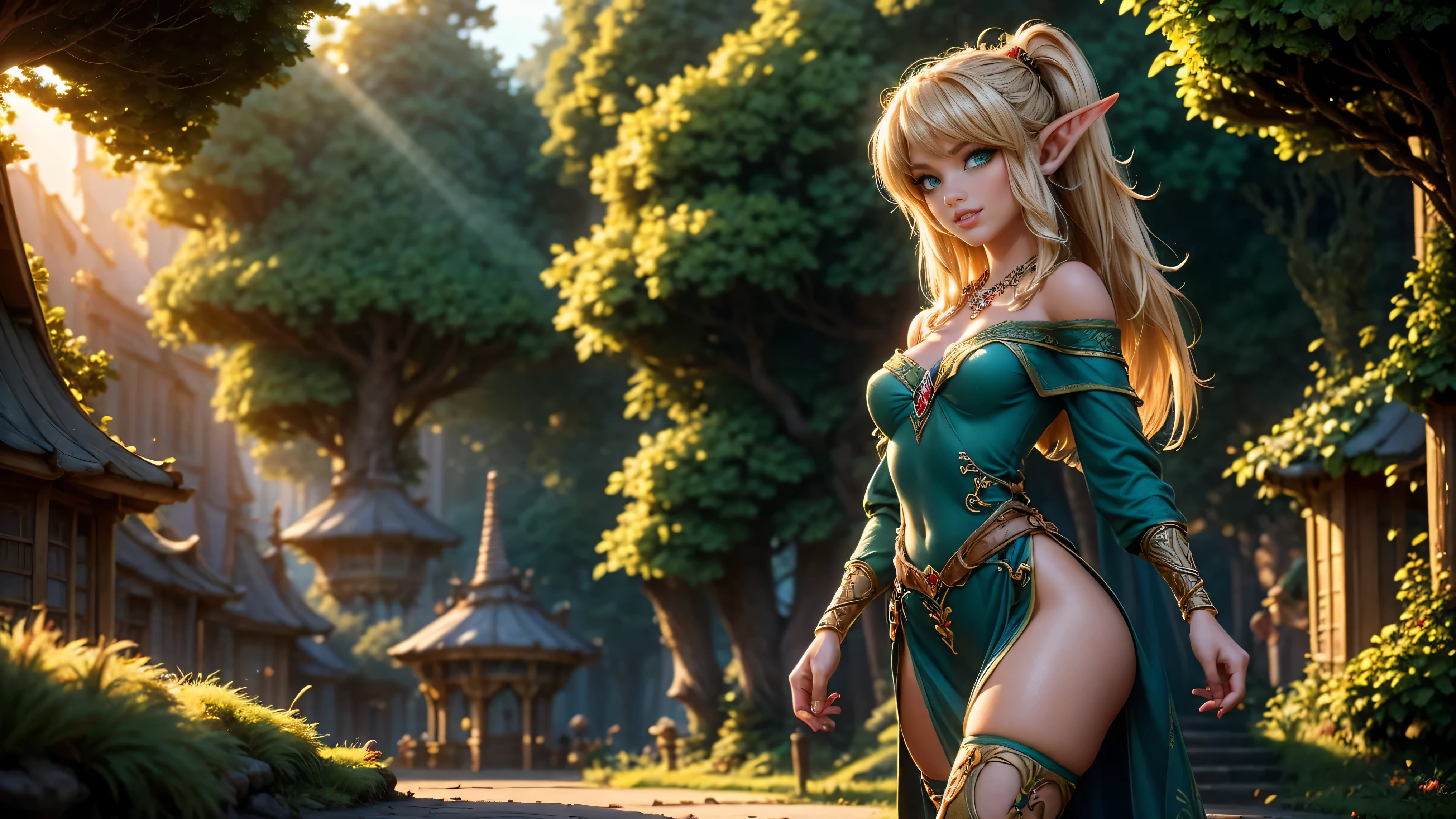 ((1girl)), ((solo)), ((young woodland warrior elf girl)), ((walking through a woodland village)), ((multiple male elves turning to look at her)), ((elf girl focus)), long hair, small pointy ears, ((round breasts)), thigh-highs, formfitting eleven clothes, tight clothes, ((looking at viewer)), ((green eyes)), ((beautiful day)), ((smiling)), Perfect body, beautiful, young, tempting, alluring, jewelry, necklace, off shoulder, ((skinny)), ((petite)), ((small)), flirting with camera, Best Looks, ((fantasy castle in the background)), beams of sunlight, fantasy