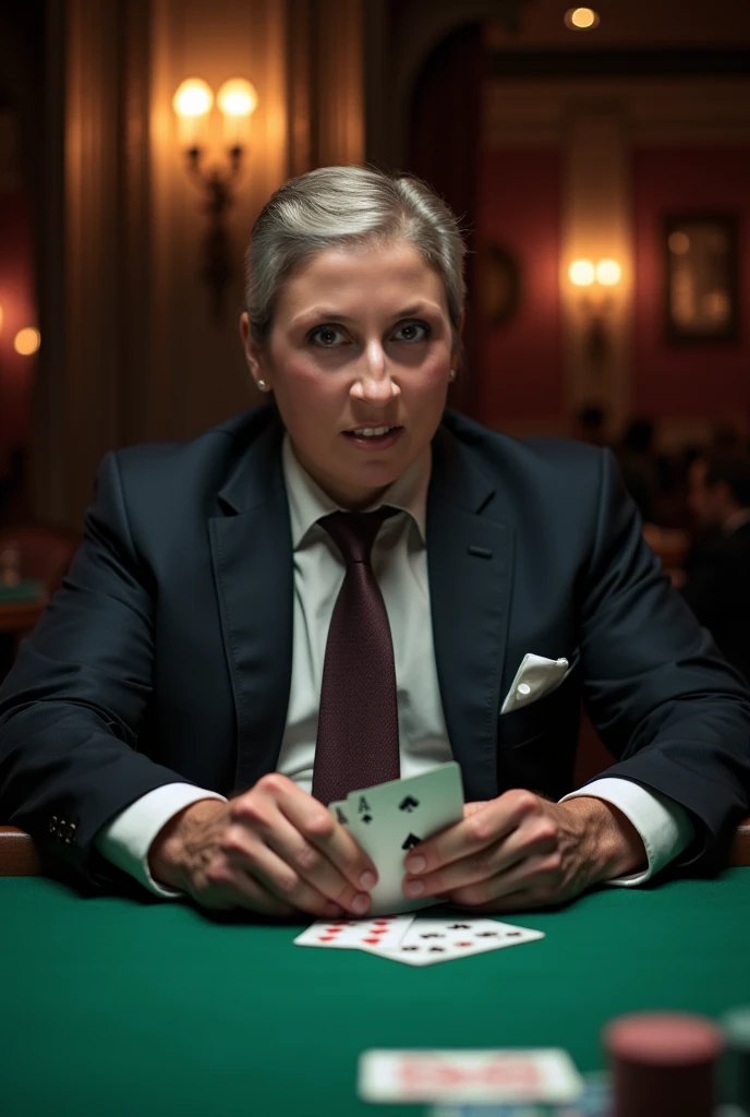 Elderly woman veteran casino dealer wearing dealer uniform blackjack dealer blonde side up