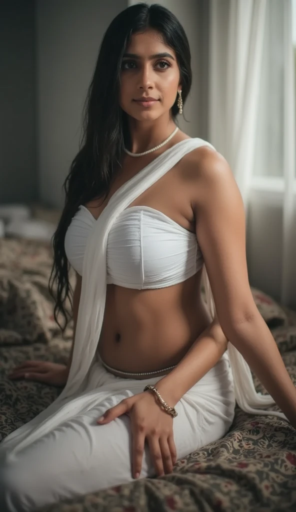 In the heart of an enchanting setting, a single young 25-year-old Kamasutra princess named Aishwarya graces the frame. She stands barefoot, her flawless posture exuding an undeniable aura of pure beauty. Her long, dark, cascading hair reflects the soft ambient light, casting a captivating glow around her.
Aishwarya looks directly into the camera, her eyes shining with a subtle seductiveness that's both intriguing and alluring. She wears a stunning white net saree, the delicate fabric revealing her captivating D-cup cleavage. The saree fits her slim and