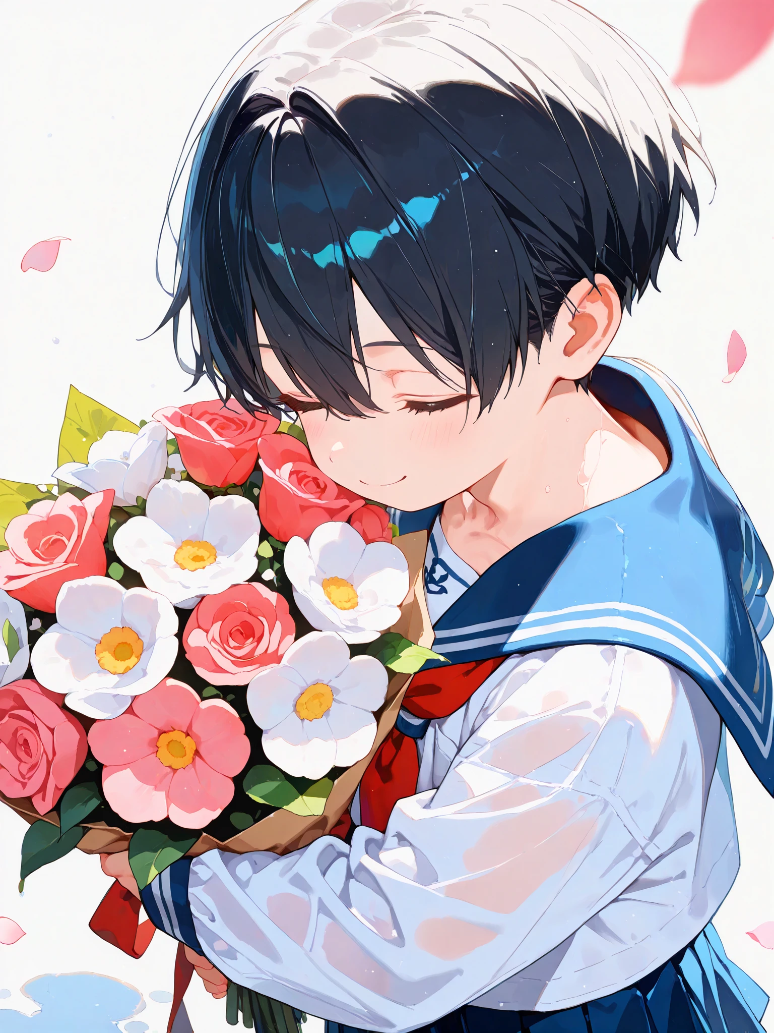 ((very handsome boy with short black hair and long sleeve sailor uniform holding a bouquet)), 1 boy, (young boy), alone, (cute, handsome), black hair, very short hair, closed eyes, happy smile, (smile: 0.8), (watercolor style), translucent layers, delicate blending, fluid texture, subtle, pink petals, no text, best quality, very aesthetic, ridiculous quality, from above, from the side up, looking at me, upper body shot,
