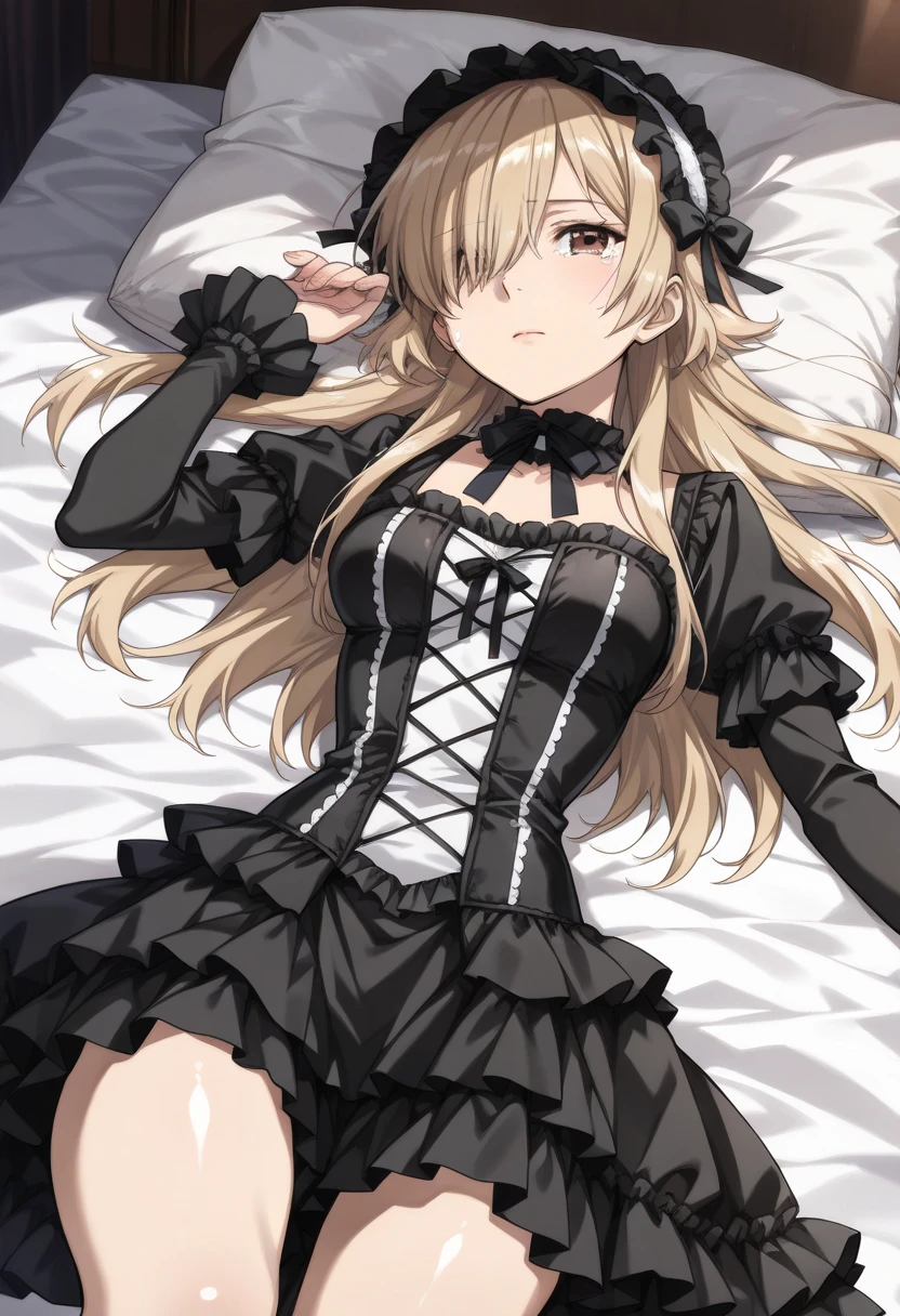 Shiny blond hair, very long hair, sophisticated haircut, ((((hair fully braided)))), ((small twisted braids)), thin and oval face, submissive, (((gagged))), ((((black tight corset)))), ((((tight skirt)))), cute and blushing 18 years old anime girl, look away because she is embarrassed and blushes, bright blue eyes, detailed face, detailed members, detailed arms, detailed hands, ((((sparkling diamond jewelry)))), tiara, ((makeup)), high heels, puffy sleeves, long gloves, long eyelashes, Girl lying, tied by ropes, shackled, can no longer move, tied tightly, very hard tied up with lots of ropes, hampered by so many ropes that she can no longer move, bound hands and feet, ropes tie his whole body, tied extremely tightly and forcefully to her bed by a lot of ropes, its limbs are strongly tied together by ropes, his torso is tied up with thick cords, her chest is so tied up with ropes that it sticks out, her legs are tied tightly with thick ropes, his hands are tied behind his back with ropes, she can no longer move her feet, her hands which are tied by thick ropes, she desperately tries to free herself, likes to be tied tight with big ropes, likes to be immobilized by big ropes, lying down, his hands and feet are strongly tied to the railing of his bed, his legs are pressed together and tied with ropes, its limbs are held vigorously by imposing ropes, her hands are tied securely behind her back by ropes, her chest is compressed by strong ropes, she is pressed against her bed and restrained by large ropes (shibari, arms behind the back:1.4), (hands on the back), (masterpiece, best quality) 1.5, 1girl, solo, (sexy, beautiful woman, perfect face, perfect eyes, perfect hands), samus aran, (shibari, arms behind the back:1.4), (hands on the back), Spread the legs, s&#39; ((lie in bed by big ropes)), ((close up of the girl)), ((((lie in bed))))