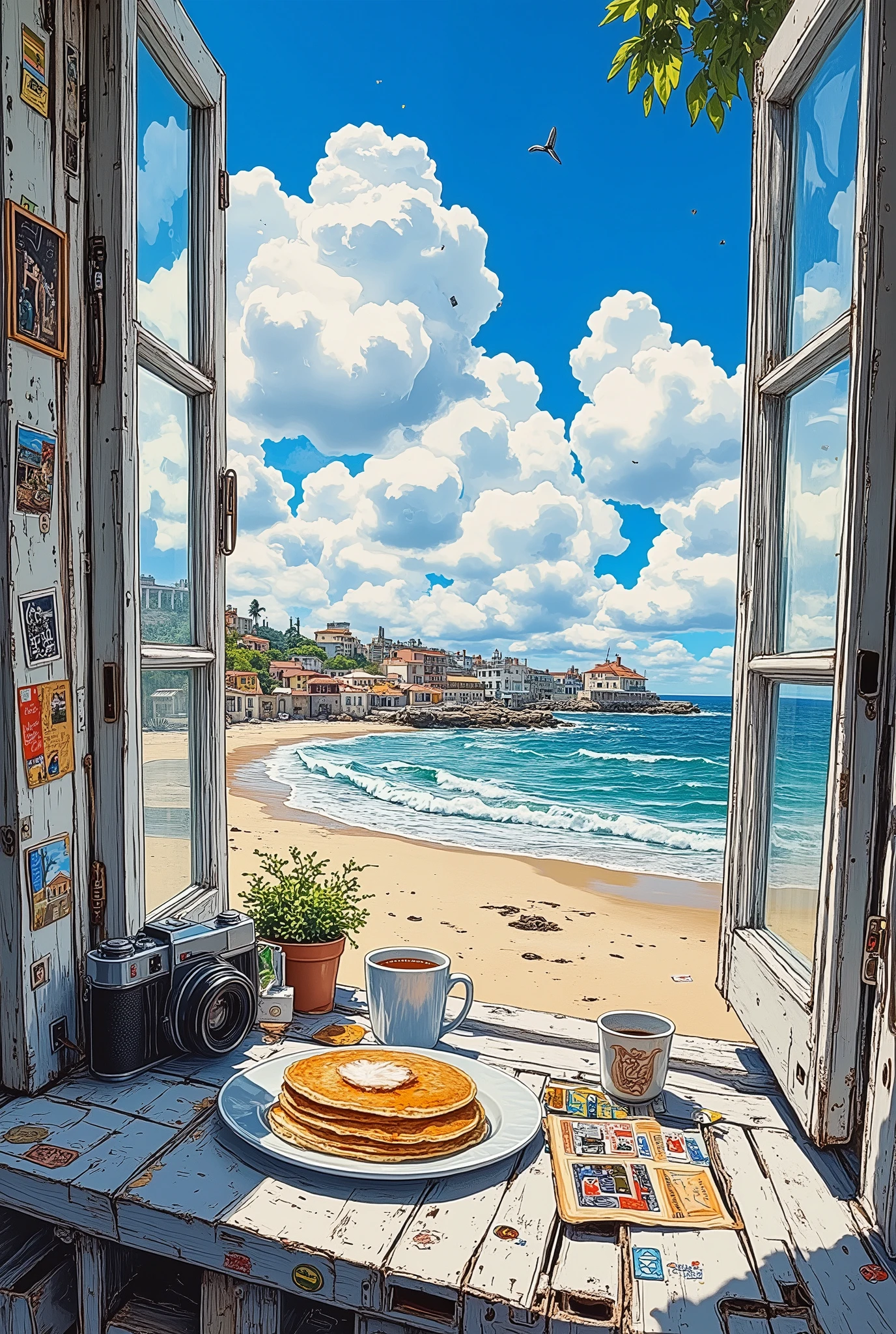 view from an open window, window sill made of old peeling wood,plate with pancakes, vintage camera, photographs, cup of tea, bright blue sky,creamy clouds, sunny day, picturesque view of the harbor,beach, stickers and photos on the side of the window frame, bright colors, nostalgic atmosphere, charming artistic style,high angle, semi-realistic digital art,