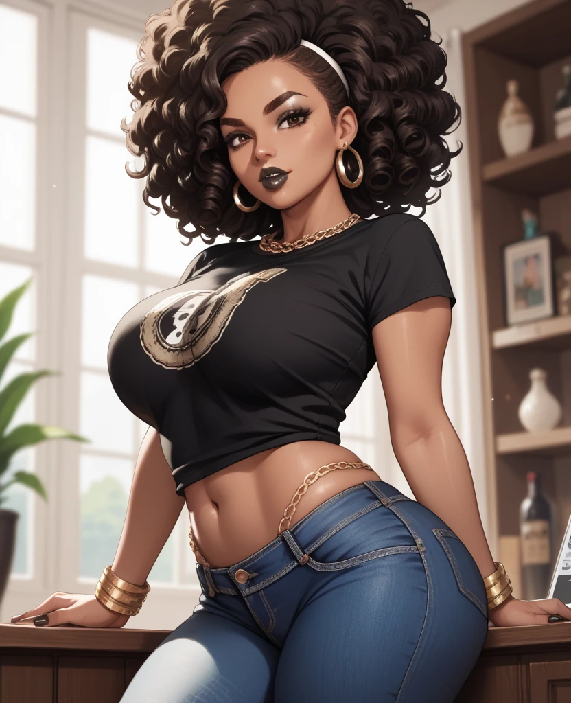 uploaded e621, score_9, score_8_up, score_7_up, score_6_up, score_5_up, score_4_up, rating_safe, smooth, source_furry, {realistic}, mirajane, seductive babe, DARK SKIN, countershading, huge breasts, thick armpit hair {{{ very very long silky thick dense white and black hair, thick armpit hair }}}, revealing panties skirt, mini top, cleavage, black nipples , black gothic lips, hazel eyes, wide hips, extra thicc