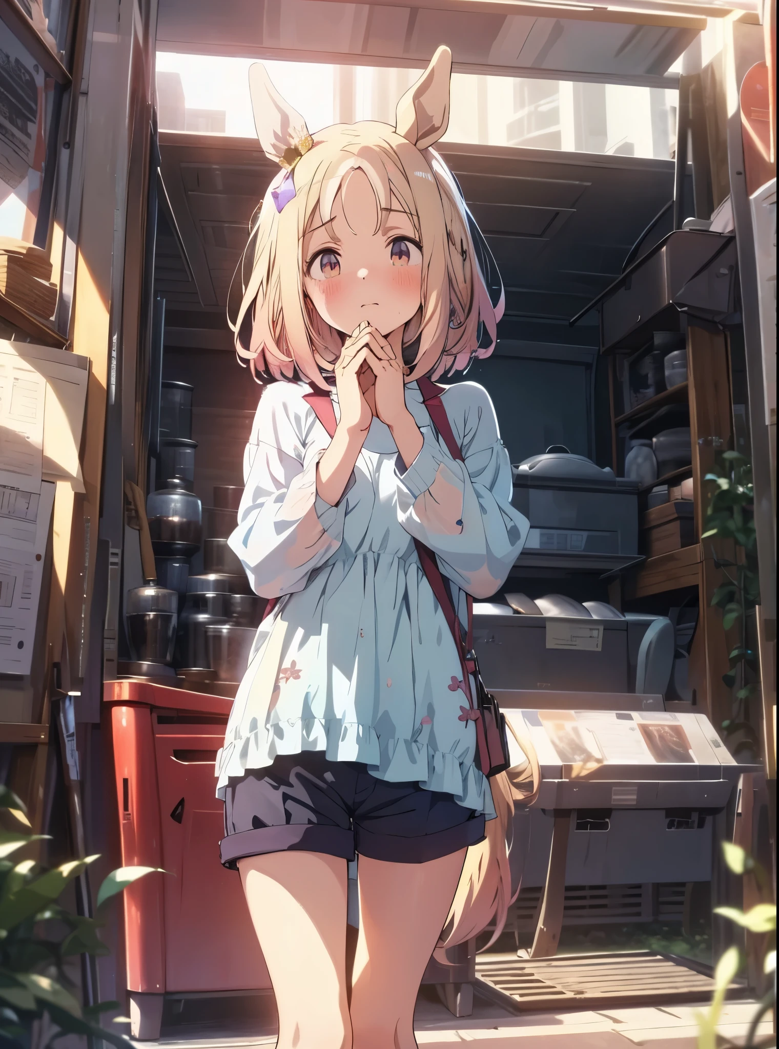 Narita Top Road \(Uma Musume\), 1 girl, Alone, anime style,cute girl,best quality, super detailed, anime style,8k, high resolution, detailed face, Upgraded images of characters,((from below),((An angle to look up from under your feet)),((shy and embarrassed face)),( standing on the grass ),(with hands crossed behind),(black jumper),((red micro mini loungewear shorts)),(smooth thighs),((An upshot from the thigh)),View from the front,morning