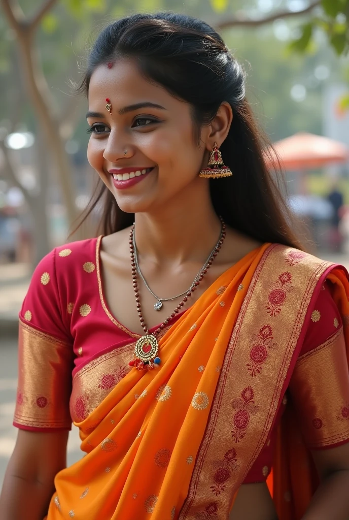 high quality, masterpiece, ultra highres, photo realistic, ultra detailed, 2 extremely beautiful girls eyes symmetry face symmetry (elegant smile:1.6), 18 year old Tamil girl in Indian traditional attire & 25 year old American girl in western attire, both standing in the city streets, vibrant colors, full body shot from bottom