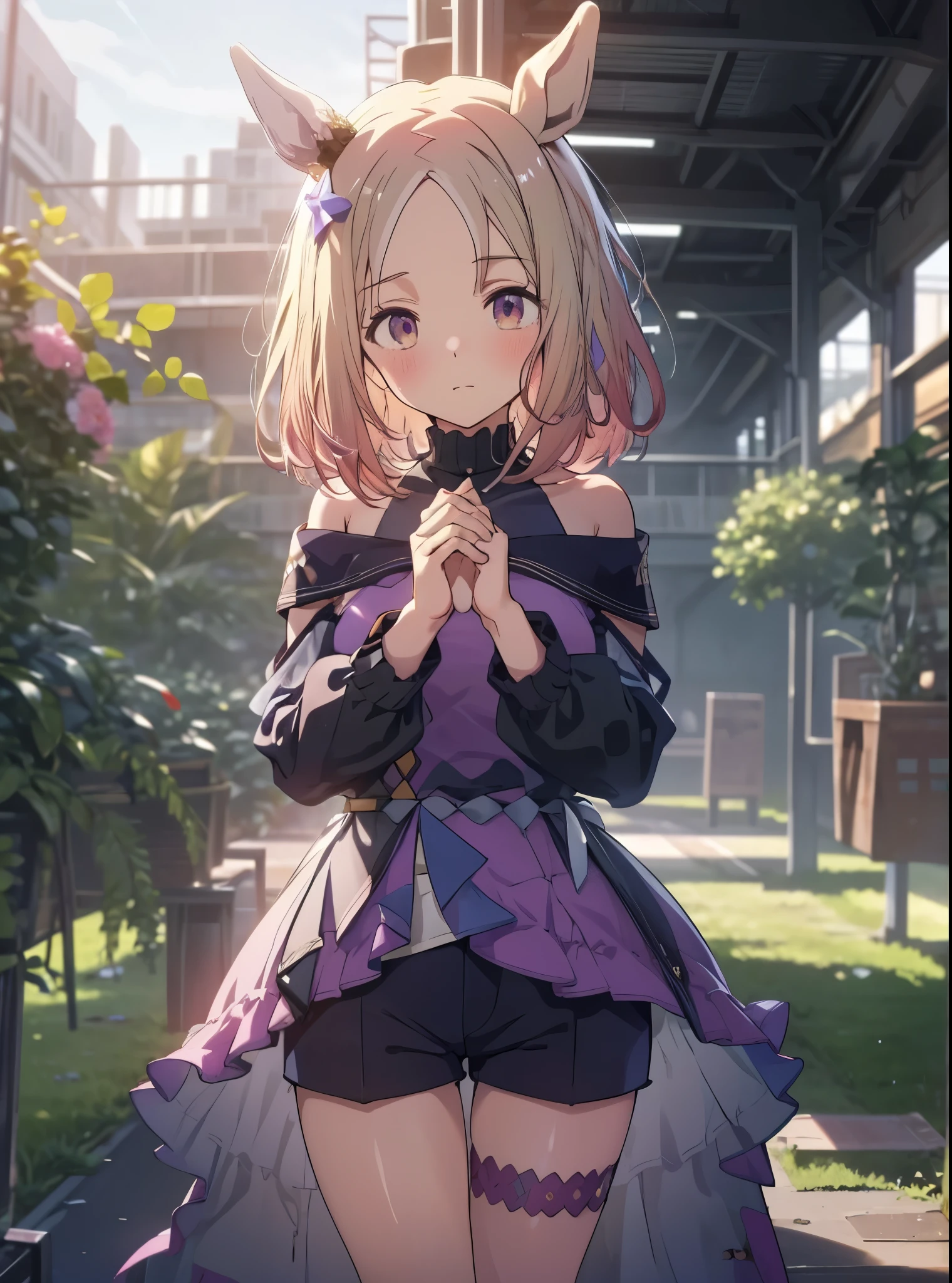 Narita Top Road \(Uma Musume\), 1 girl, Alone, anime style,cute girl,best quality, super detailed, anime style,8k, high resolution, detailed face, Upgraded images of characters,((from below),((An angle to look up from under your feet)),((shy and embarrassed face)),( standing on the grass ),(with hands crossed behind),(black jumper),((red micro mini loungewear shorts)),(smooth thighs),((An upshot from the thigh)),View from the front,morning
