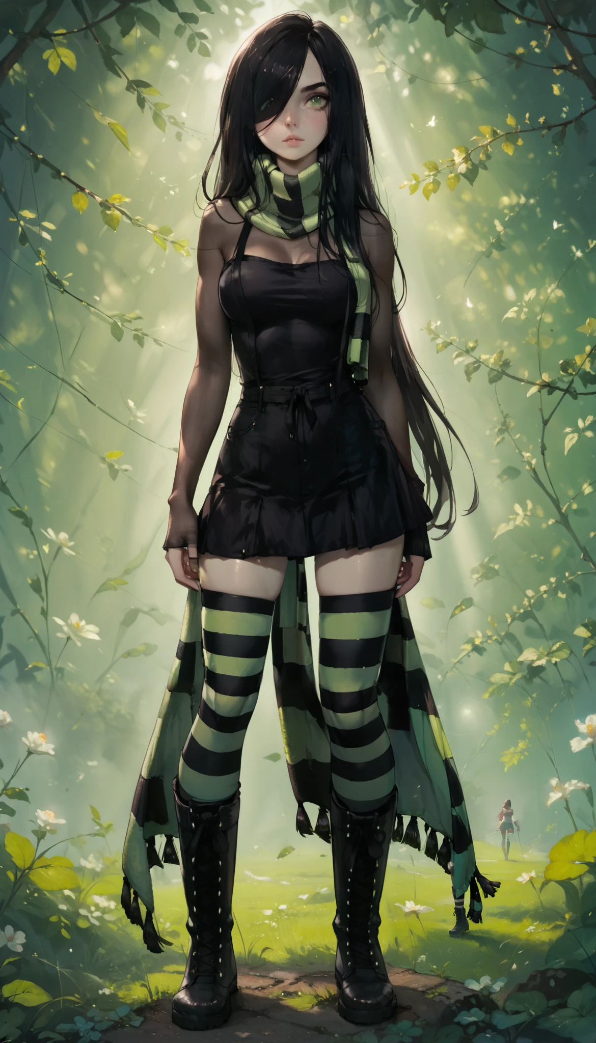 score_9_up, score_8_up, score_7_up, score_6_up, source_anime, 1girl, staring ahead, looking at viewer, highly detailed, beautiful background, beautiful art, beautiful lighting, long slim legs, Fitness model, zal, (SuperQuality:1.0), ariawm, fit skinny girl, micro stripped pantie, hair over one eye, long black hair, green eyes, pale skin, stripped scarf, stripped thighhighs, heavy boots
