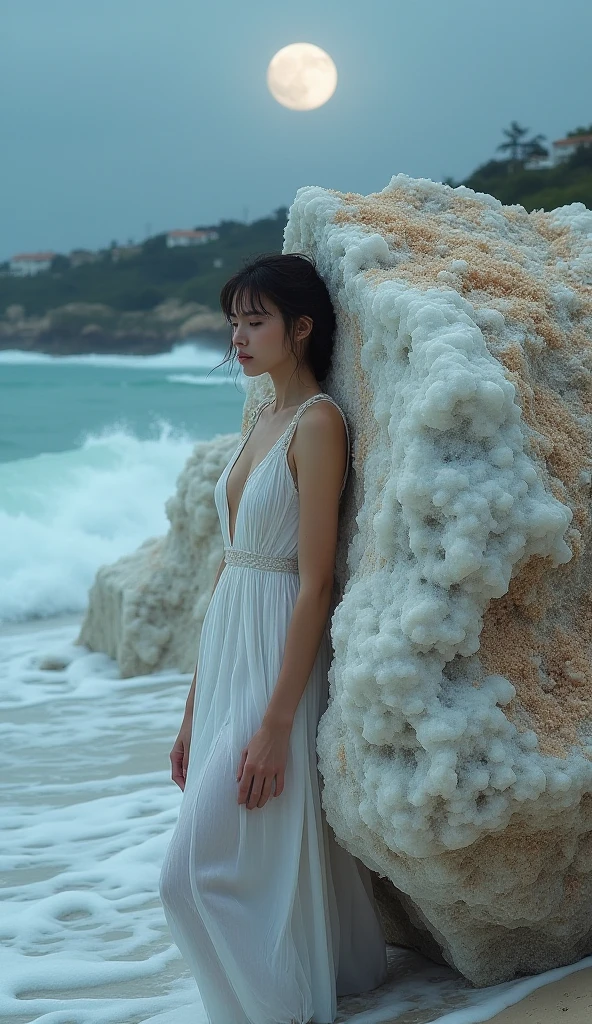 Ultra-detailed,Vast landscape photography, Girl standing on the beach looking up at the sky, White Dress, Stretch your back, cloud, Ocean, blue sky, From below,