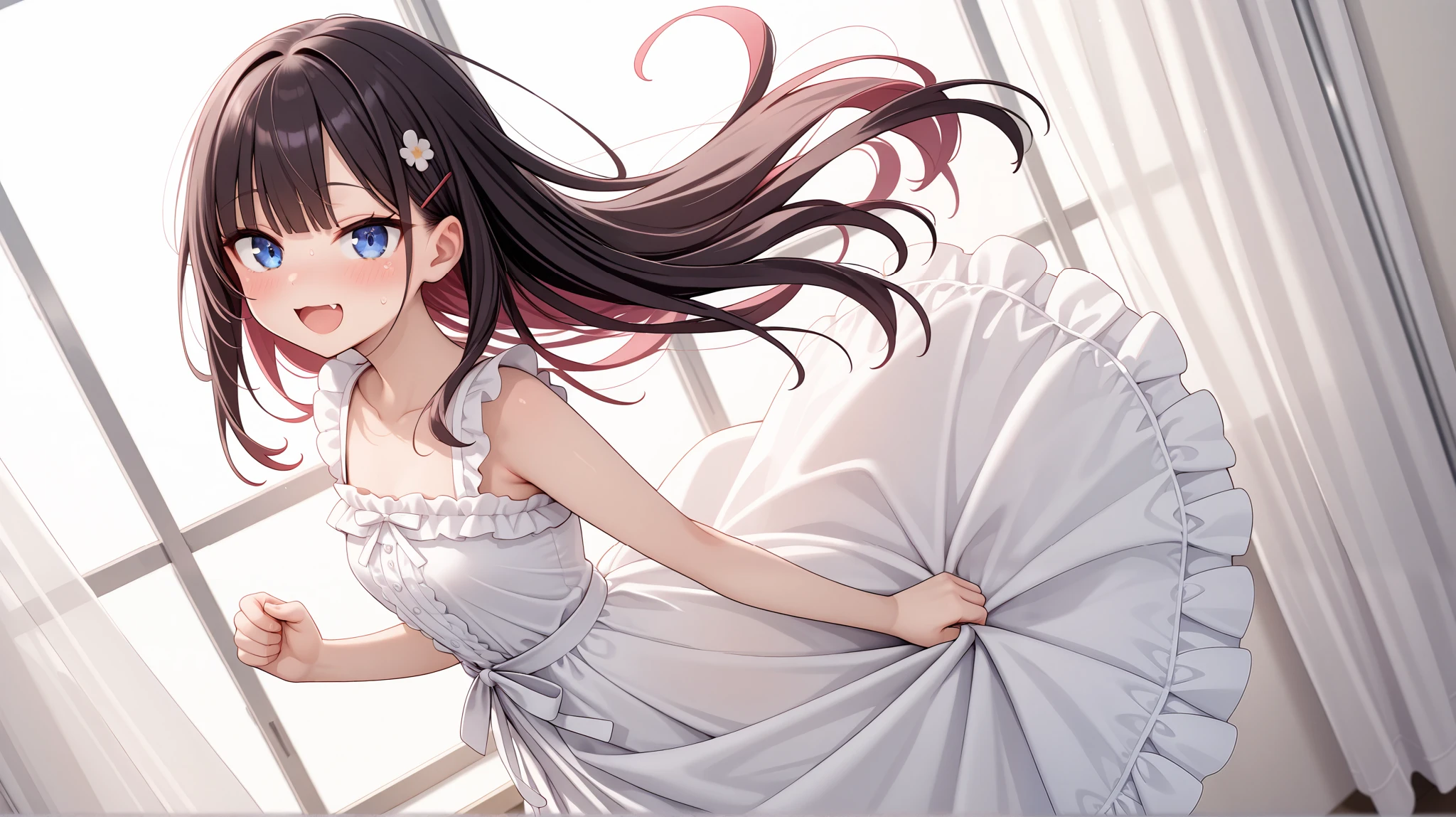 top quality, high resolution, Cute woman completely detailed faces Long Hair Raise your left hand slightly Quite embarrassing White frilly dress Wind