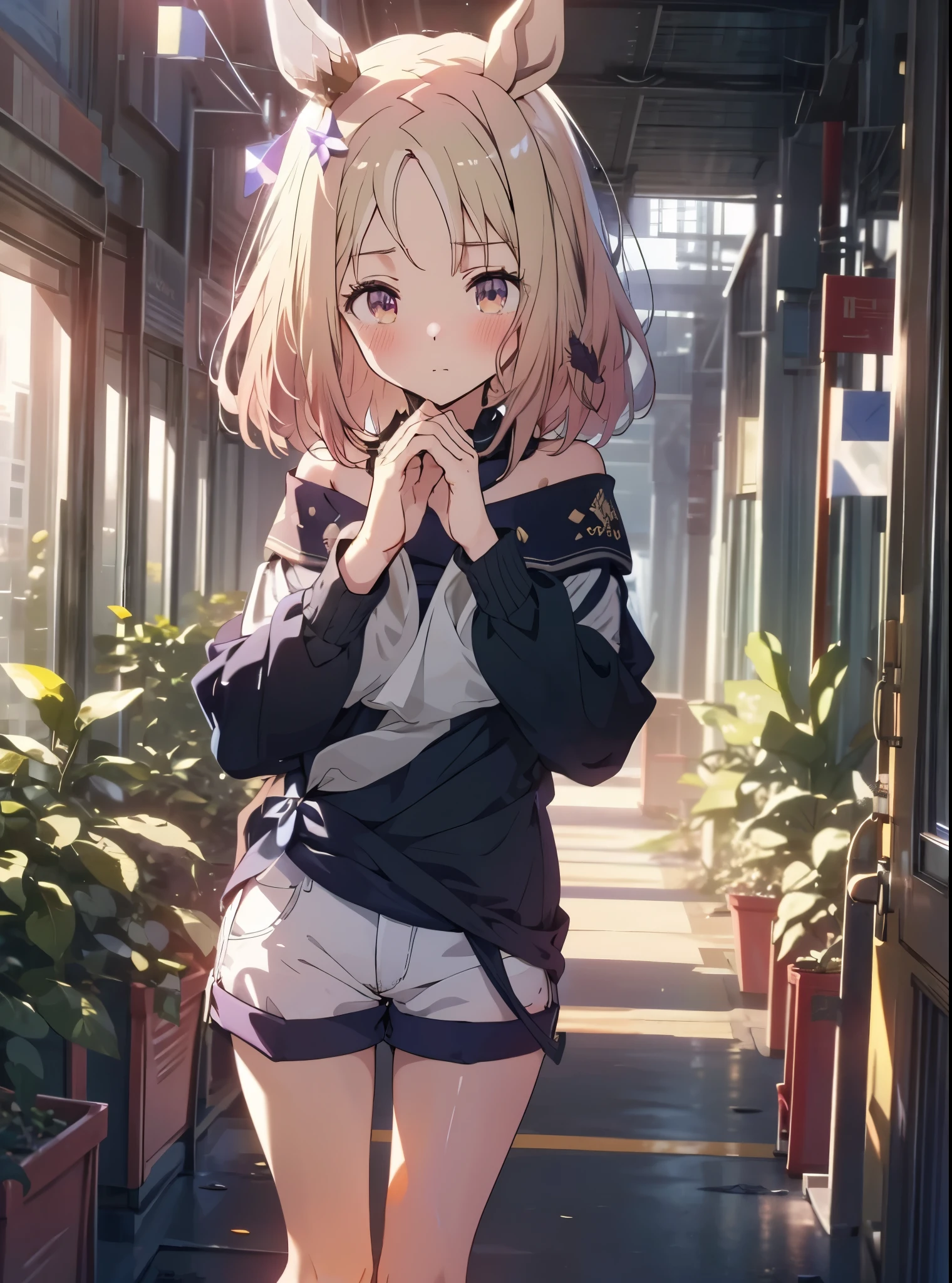 Narita Top Road \(Uma Musume\), 1 girl, Alone, anime style,cute girl,best quality, super detailed, anime style,8k, high resolution, detailed face, Upgraded images of characters,((from below),((An angle to look up from under your feet)),((shy and embarrassed face)),( standing on the grass ),(with hands crossed behind),(black jumper),((red micro mini loungewear shorts)),(smooth thighs),((An upshot from the thigh)),View from the front,morning