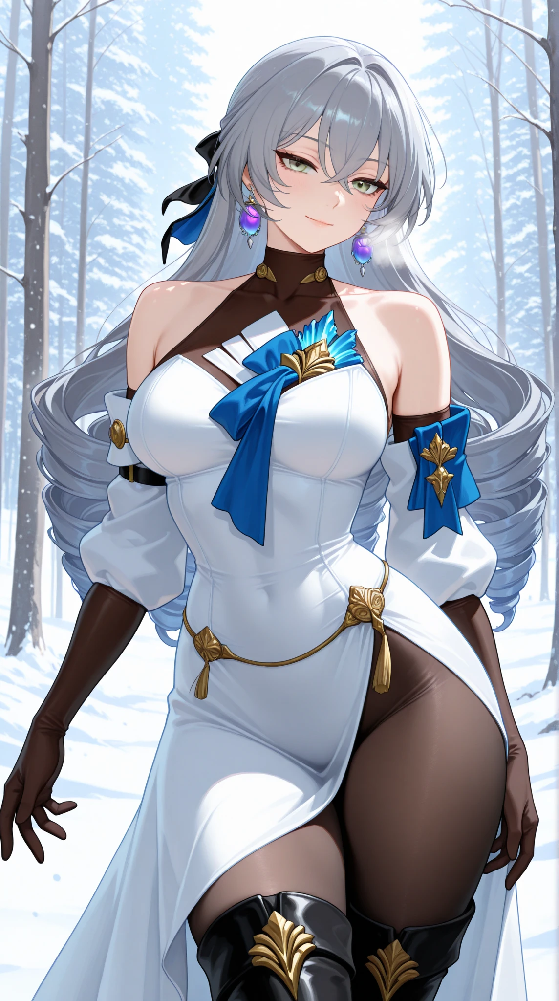 Highest quality, masterpiece, Ultra-high resolution, female、Big Breasts、Tied waist、White skin、Snow Fox Beastman、Kemomimi、tail、single、Clothing that accentuates the contours of the body、Short skirt、valley、fascinate、Hands on hips