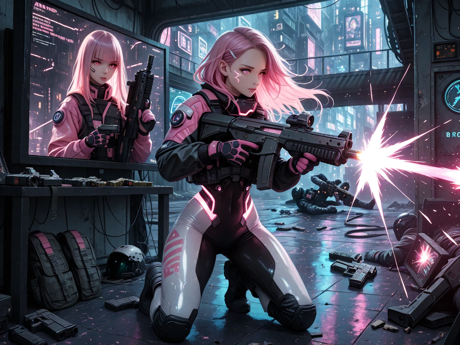 (masterpiece:1.3, best quality, high resolution:1.3, complicated, absurd:1.3, 8k Tapete, delicate facial features :1.3, extremely detailed, super feine illustration, good anatomy), break, 2Girls:1.5, break, (1 girl\White tight combat suit with bright pink lines\in front of the screen\on the left\Holding an assault rifle), break, break, break, (1 girl\In the background of the screen\Right\Black tight combat suit with glowing lines\firing a handgun), break, break, break, Highly detailed background, Future urban warfare, cyberpunk city, Light rays through the air, dynamic angles , Quick pictures, Beautiful light and effects, Beautiful color printout