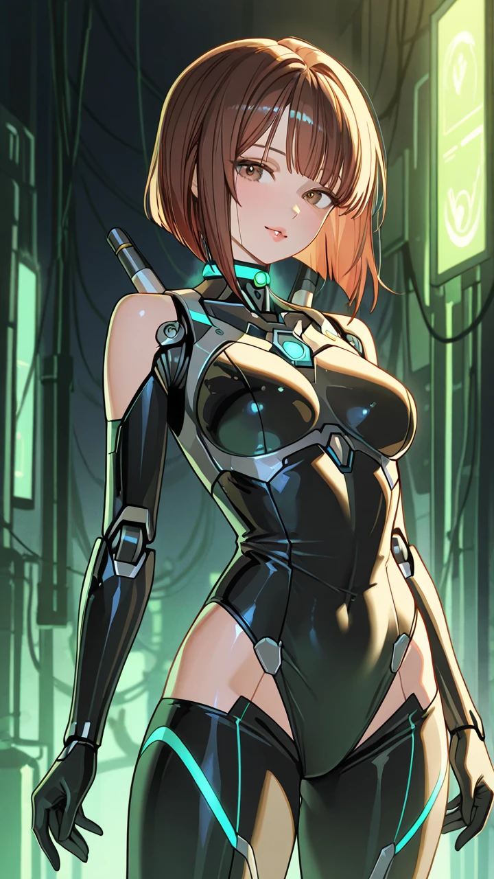 <lora:zs_Chie:1> brown eyes, short brown hair, chiep4, <lora:OutfitGantzLatexBreastCurtains:0.9> outfit-gantz, latex breast curtains, black panties,, ultra detailed, masterpiece, best quality, aesthetic, detailed,