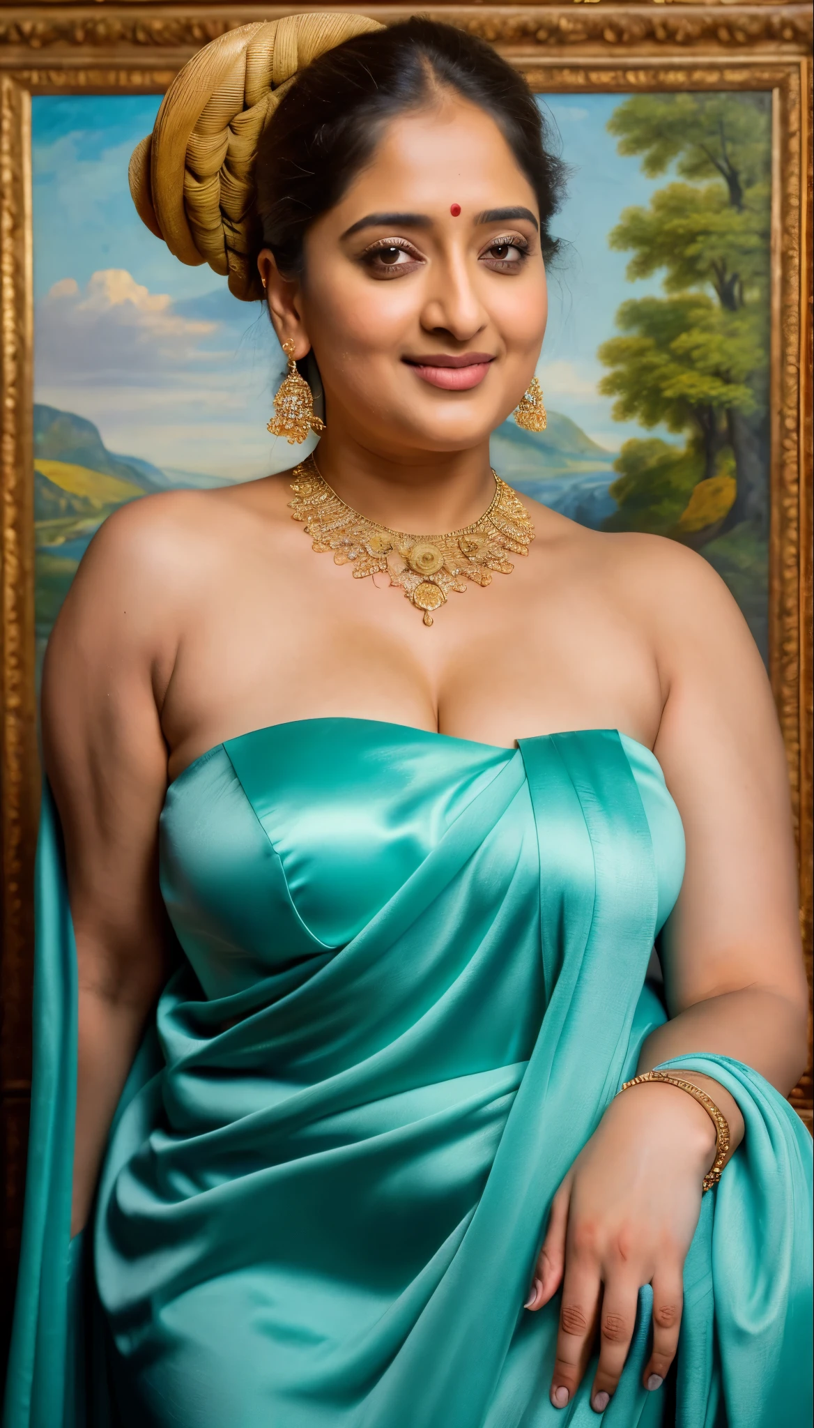 Looks like Indian Actress Ester Noronha, An Extremely gorgeous and beautiful Bengali village woman, 45 yo, pale white skin, sensual appealing body, perfect thick and chubby Beauty, wearing saree bare-chested, wearing a Bengali-style saree without a blouse,, ethnic vintage bengali village woman, bengali style saree, The sari was worn without a blouse and petticoat before the British Raj, baring one's chest or being blouseless,  Bengalis a.k.a. Bongs are known for their unique Bengali fashion sense (the way they don that sari makes you go wow), Pre British Raj, Pre colonial era, Bengali Woman draping sari without blouse is a normal thing in pre British Era, bong woman, wearing kajal or kohl or kajol in eyes, enchanting face, fluent body language and her own appeal is truly different