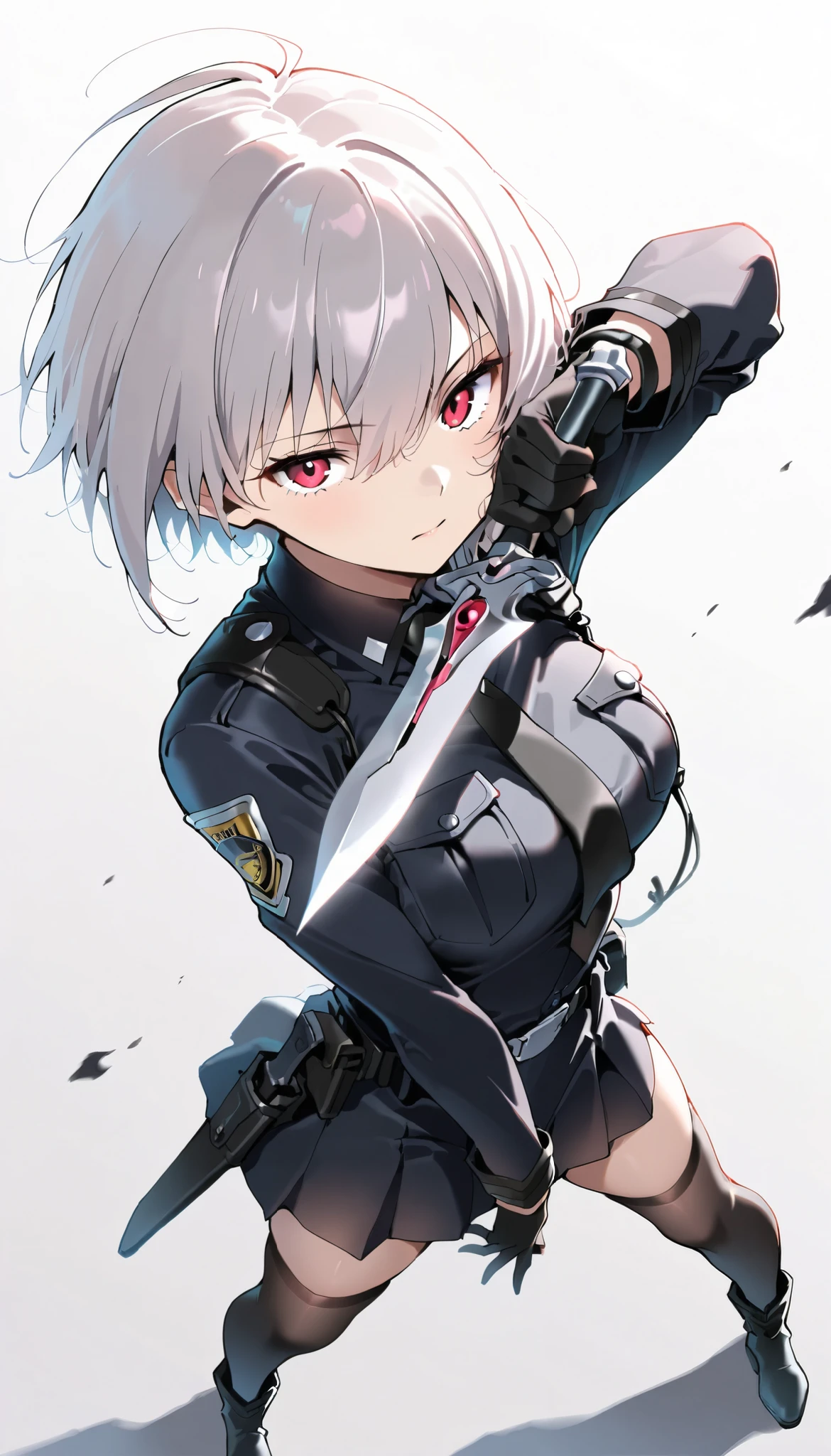 ((masterpiece)), (best quality), 1girl , Alone, simple background, temptation, delicate face, handheld dagger , Battle Pose , full body, silver short hair, long sideburn, Disdainful Eyes, Black Stockings, Damaged black police uniform, medium breasts, style: midjourney, white background, from above, two-point perspective , Impact footage,motion blur,depth of field