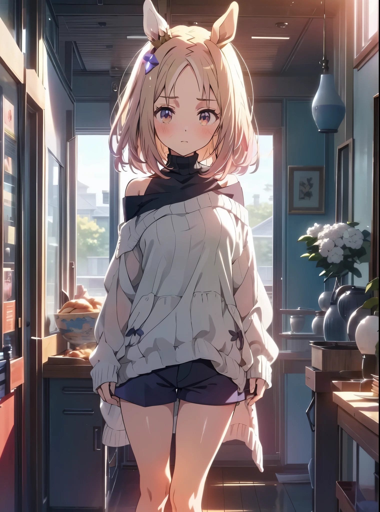 Narita Top Road \(Uma Musume\), 1 girl, Alone, anime style,cute girl,best quality, super detailed, anime style,8k, high resolution, detailed face, Upgraded images of characters,((An angle to look up from under your feet)),((shy and embarrassed face)),( standing on the grass ),(with hands crossed behind),(black jumper),((RED MICRO MINI ROOM WEAR SHORTS)),(smooth thighs),((An upshot from the thigh)),View from the front,morning