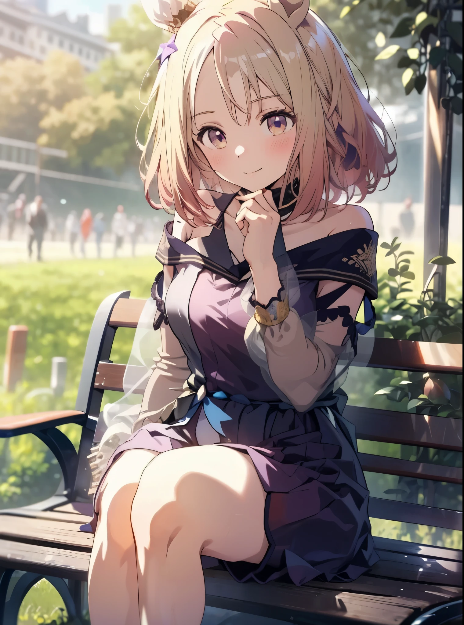 Narita Top Road \(Uma Musume\), 1 girl, Alone, anime style,cute girl,best quality, super detailed, anime style,8k, high resolution, detailed face, ((Upgraded images of characters)),((from below),((image looking at an angle from the front)),((Smiling Face)),((Sit on a bench on the grass)),(with hands crossed behind),(black jumper),((red micro mini loungewear shorts)),(smooth thighs),(( thigh up image )),morning,(Dazzling Sunlight)