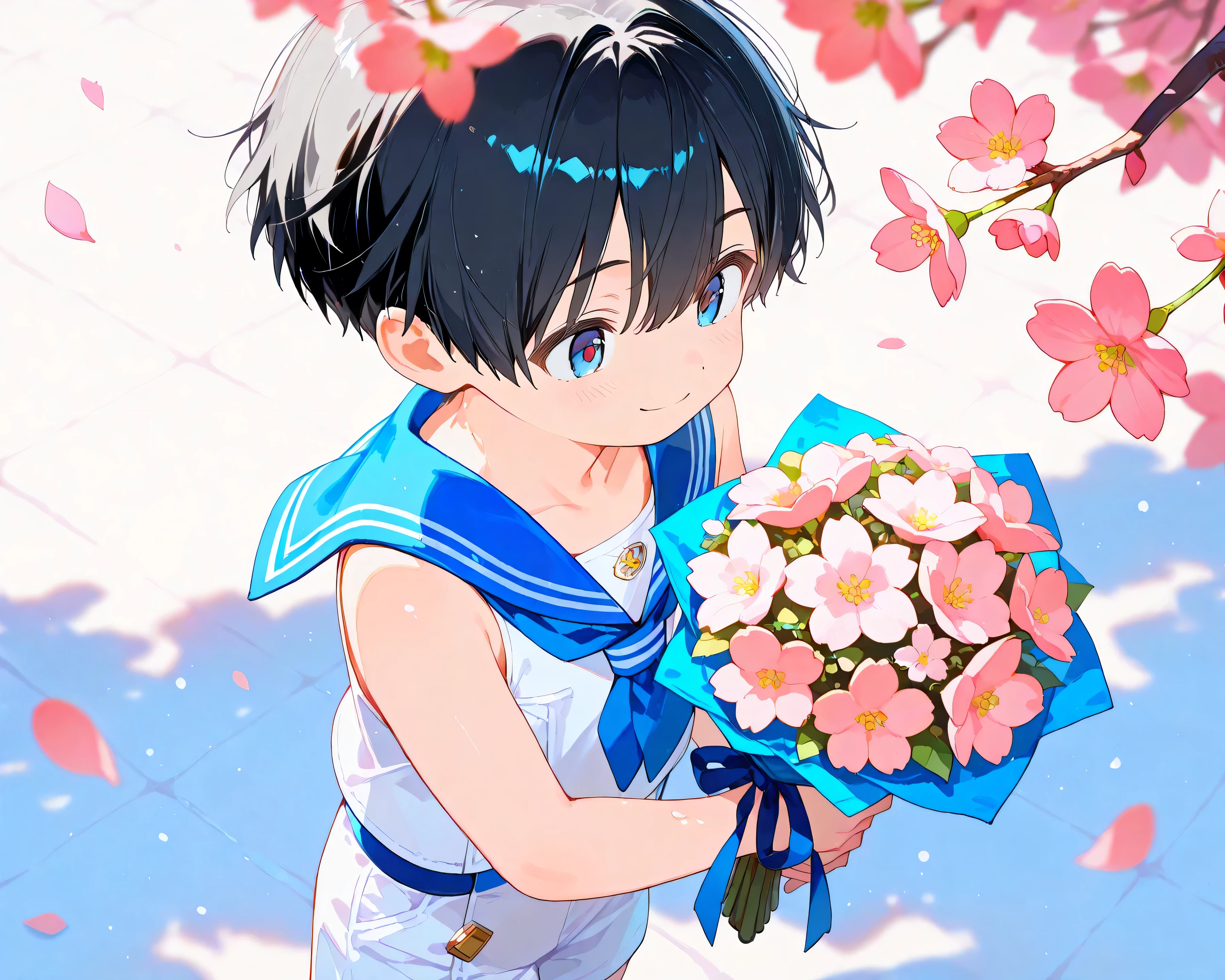 ((A very handsome boy with short black hair and wearing a sleeveless sailor suit top and white shorts holding a bouquet of flowers)), 1 boy, (young boy), alone, (cute), (handsome), black hair, very short hair, happy smile, (smile: 0.8), (watercolor style), translucent layers, delicate blending, fluid texture, subtle, pink petals, no text, high quality, very aesthetic, funny quality, from above, from the side, looking at me, upper body shot, cherry blossom leaves are fluttering from a cherry blossom tree in the background, (background is blurry: 1.5),