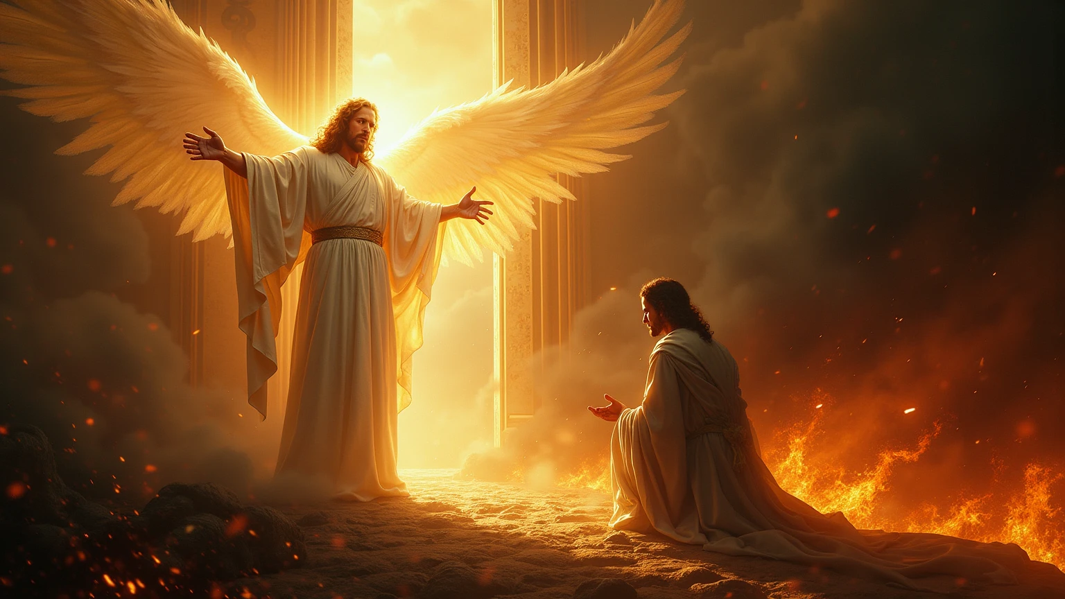 Image of a family praying and there is an angel in their living room and around them there are disturbing evil demons