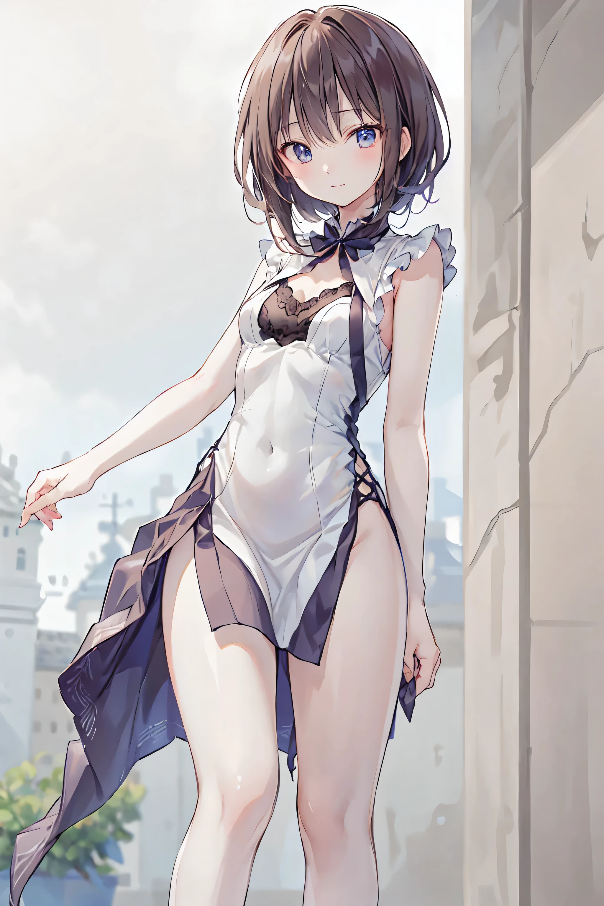 1girl,:o,black_dress,bob_cut,brown_hair,commentary_request,cowboy_shot,dress,hat,highres,looking_at_viewer,osanai_yuki,parted_lips,pink_eyes,puffy_short_sleeves,puffy_sleeves,short_hair,short_sleeves,shoushimin_series,simple_background,solo,teiku_(tokagezaurusu),twitter_username,white_background,white_hat, best quality, masterpiece, nai3