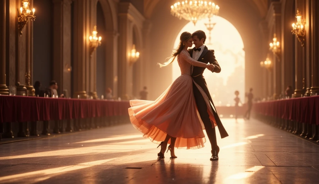 Romantic couple in full growth, a handsome man, a prince, with short blond hair of a strong build, a beautiful girl with light brown hair, 19th century, red dress, Empire style clothes, a masquerade ball, carnival masks on them, a man dancing with a girl , romantic mood, passion, beautiful lighting, ultra-detailed, realistic, top quality digital painting