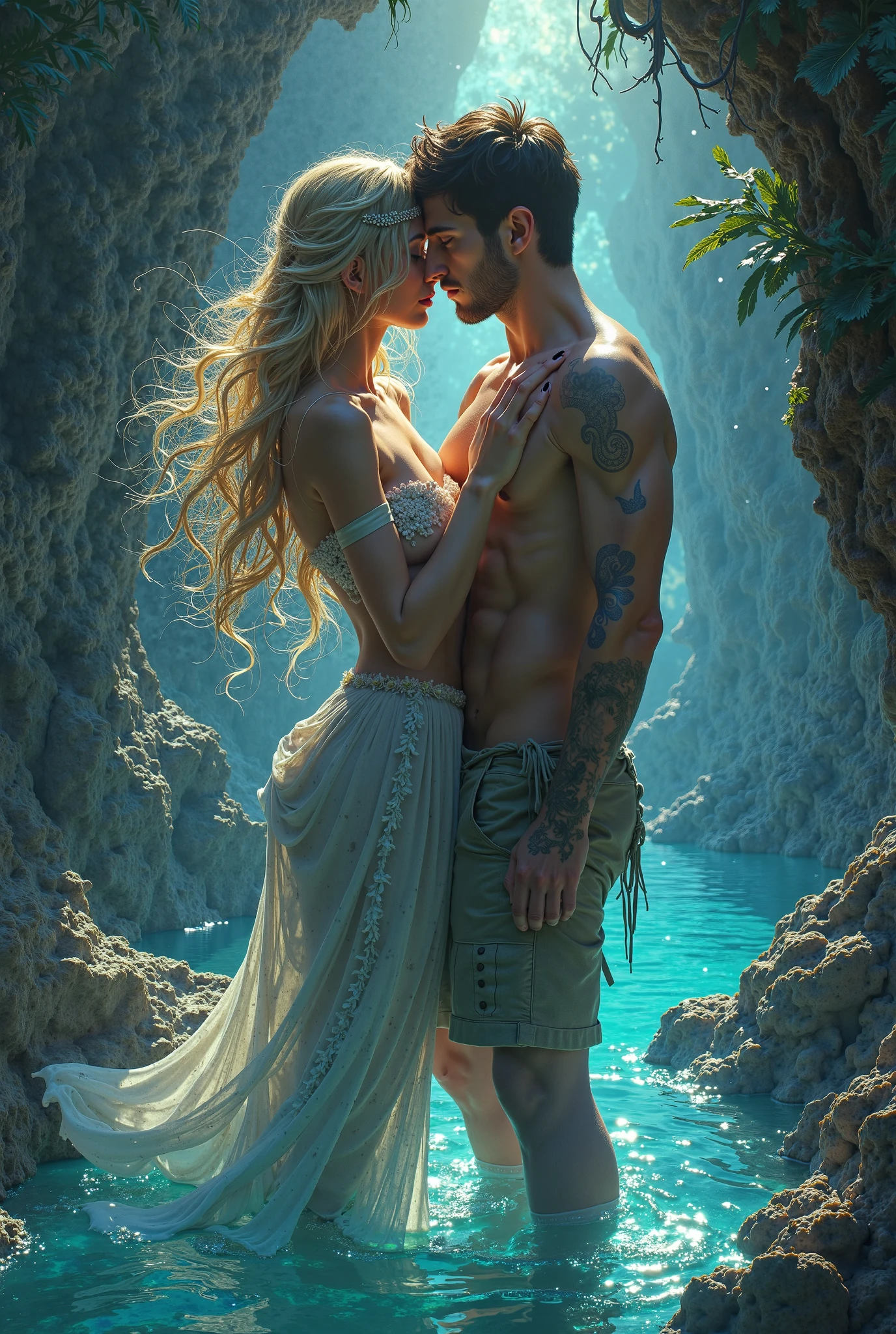 ((high qualiy)), ((fullHD)), ((4K)), ((High definition)), God Apollo in a clear river next to a Mermaid.