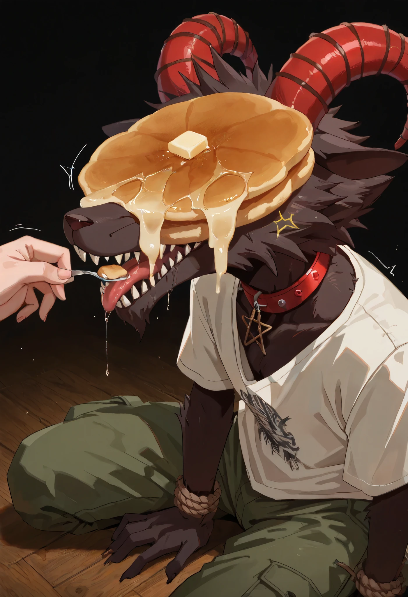 [🥞] [GrimV1♂️] [ Grrr!💢] [#Anime] [#Character] [#Manga] [Experimenting LoRa Model] - masterpiece quality, masterful, mythical, epic, extreme, explosive, beautiful, kawaii, (by skweekers), dark room, wooden plank_floor, slight_side view, solo, male, GrimV1, anthro, dark furs, red curved horn, red pentagram on forehead, long_snout, large pupil, detail eyes, express cute_grumpy, wearing green cargo pants, oversize shirt, hungry saliva drool, pancake on forehead placed, hungry, rope arm tiedup, magic glowing_collar, motion lines, realistic_pancake, pancake_dripping, (female_human, disembodied_hand feeding pancake),