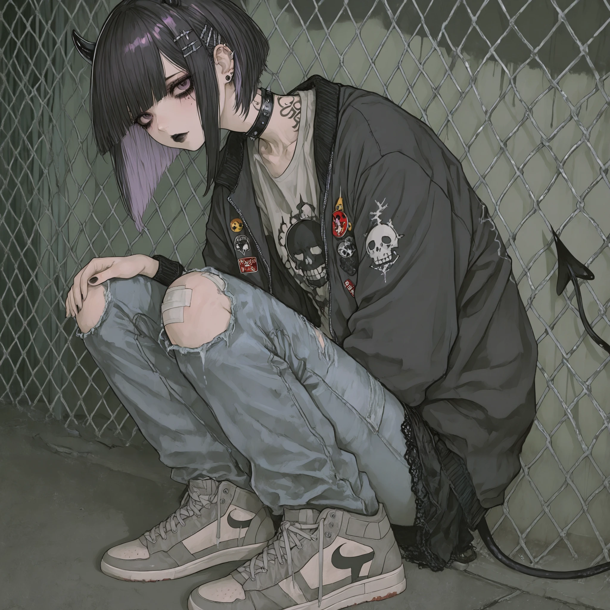 skinny tired girl is belong to emo/goth subculture. She has obsidian black hair with highlighted white strands , she has a wolf haircut and long bangs that hide half of her face. She has a lot of metal hairpins, barrette, hair clips on her bangs. Her eyes are purple. She has black Gothic makeup: black lipstick,black eyeliner and leaking mascara, black eye shadow. She has a lot of piercings and tattoos. On her neak she wears a spiky choker. She is dressed in a gray torn brand T-shirt with a skull print or metallica band, a bomber sport-jacket with set of safety pin and badges, oversized jeans with ripped holes on her knees, and gray sneakers. Her palms is bandaged. on her forehead two obsidian black devil horns,behind her back devilish spiky tail. she is hanging around in an alley where the walls are covered with graffiti and the passage is twisted by a chain-link fence. on the background is fogy abandoned city.