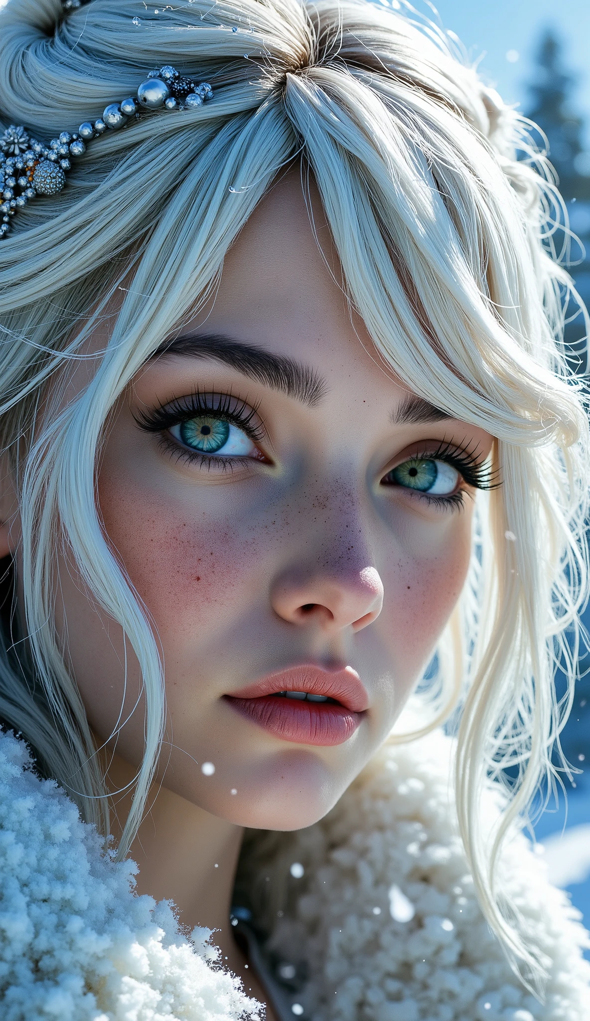 very beautiful woman, perfect face, long white hair, small sharp face, perfect big blue eyes, thin arched eyebrows, very thick and long eyelashes, close up face, freckles, small nose, black winged eyeliner, front view, looking at viewer, super white skin, russian soft small features, in the snow