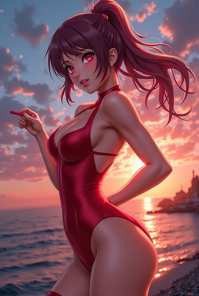 (Masterpiece, Best Quality, High Quality), volumetric lighting, illustration, beautiful,red tube dress,solo, seductive, perfect lighting, perfect shadows, nishikino maki, purple eyes,red hair, closed mouth, smile, sunlight, outdoors , strapless