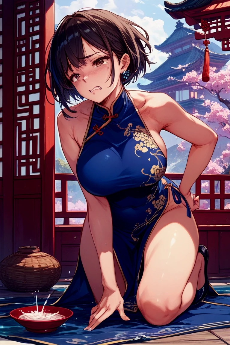 best quality,masterpiece,1girl,solo,(((NSFW))),(((9years old))),japanese girl,an extremely cute and beautiful girl,highly detailed beautiful face and eyes,petit,cute face,lovely face,baby face,shy smile,show teeth,black hair, short hair,Hairless pussy,flat chest,skinny,slender,(((wearing a wet thin blue floral mini shamfoo))),(((standing in a Chinese THouse))),she is looking at the viewer,hands pull off clothes,(undress:1.1),(no panties:1.1),(legs spread wide:1.1),(no bra:1.1)