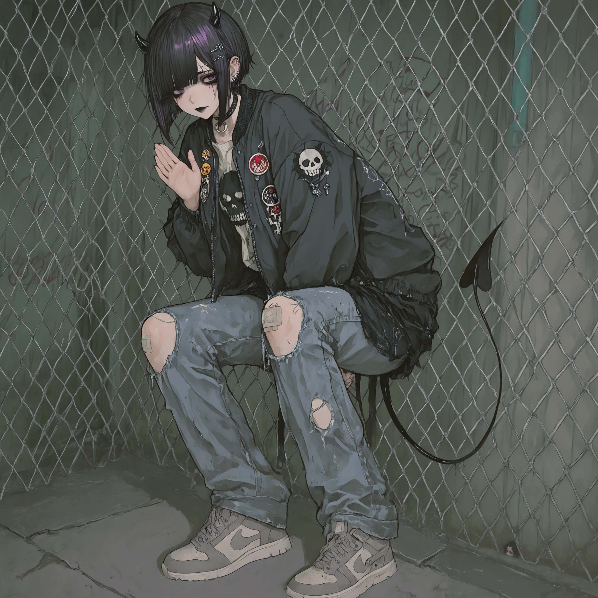 skinny tired girl is belong to emo/goth subculture. She has obsidian black hair with highlighted white strands , she has a wolf haircut and long bangs that hide half of her face. She has a lot of metal hairpins, barrette, hair clips on her bangs. Her eyes are purple. She has black Gothic makeup: black lipstick,black eyeliner and leaking mascara, black eye shadow. She has a lot of piercings and tattoos. On her neak she wears a spiky choker. She is dressed in a gray torn brand T-shirt with a skull print or metallica band, a bomber sport-jacket with set of safety pin and badges, oversized jeans with ripped holes on her knees, and gray sneakers. Her palms is bandaged. on her forehead two obsidian black devil horns,behind her back devilish spiky tail. she is hanging around in an alley where the walls are covered with graffiti and the passage is twisted by a chain-link fence. on the background is fogy abandoned city.