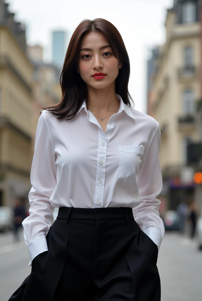 Woman in a suit standing on the sidewalk,((20-year-old woman))、small Breasts、Dark brown hair color、Hairstyle with bangs、Various hairstyles、Hairstyles of different lengths、(8k, RAW Photos, highest quality, Tabletop: 1.2),、(Realistic, Realistic: 1.3), Cityscape, Day, Sunny Morning, Professional Lighting, Photon Mapping, shirt, (Woman in a suit,) Silk Suit、Tight mini Skirt、((Delicate photo)),(Detailed RAW Photos of Girls), (Tabletop:1.25), (highest quality:1.6), (超A high resolution:1.5), (Realistic:1.75), 8k resolution, Canon EOS R5, 50mm, absurdes, Ultra-detailed,Cinema Lighting, (Skirt Lift:1.5)、the wind is strong、smile、Skirt flipped up, ((openclotch_white_panties)), nsfw, beautiful pussy,