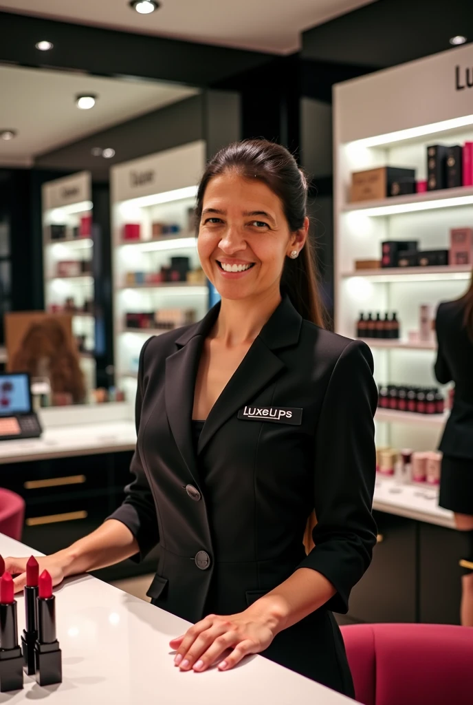 {
"size": "1024x1024",
"prompt": "A sophisticated and elegant female manicure instructor sitting on an executive chair, facing the camera directly. She has a composed and confident expression, with both hands placed gracefully on a table in front of her. The background features a stylish salon room with shelves full of nail polishes in various colors. The ambiance is professional and chic, with a logo behind her that reads 'Mia Instrutora' in modern, elegant lettering."
}