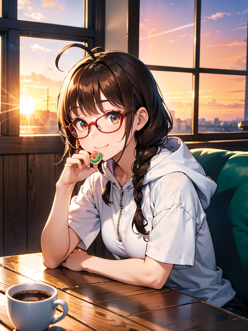 1 cute girl with long braided brown hair, braid with ribbon, glasses,  white onepiece dress, (huge breast:1.3), sitting at a table in a restaurant with a view of the sea and Mt. Fuji in the distance, sunset sky, melon parfait on the table, looking out the window