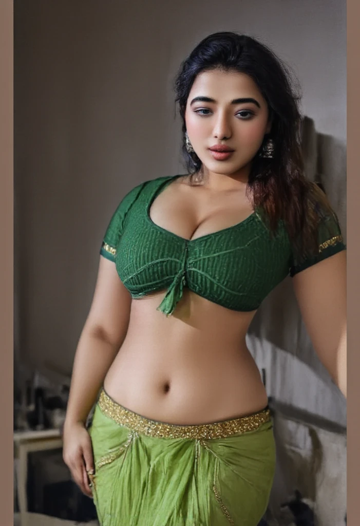 A beautiful Indian girl with a curvy, chubby body, wearing a small sari, posing a sexy photo while farming in a lush, vibrant field, 1girl, detailed face, beautiful eyes, long eyelashes, detailed lips, extremely detailed, 8k, highres, masterpiece, ultra-detailed, realistic, photorealistic, vivid colors, warm lighting, cinematic, intricate details, lush environment, natural, organic