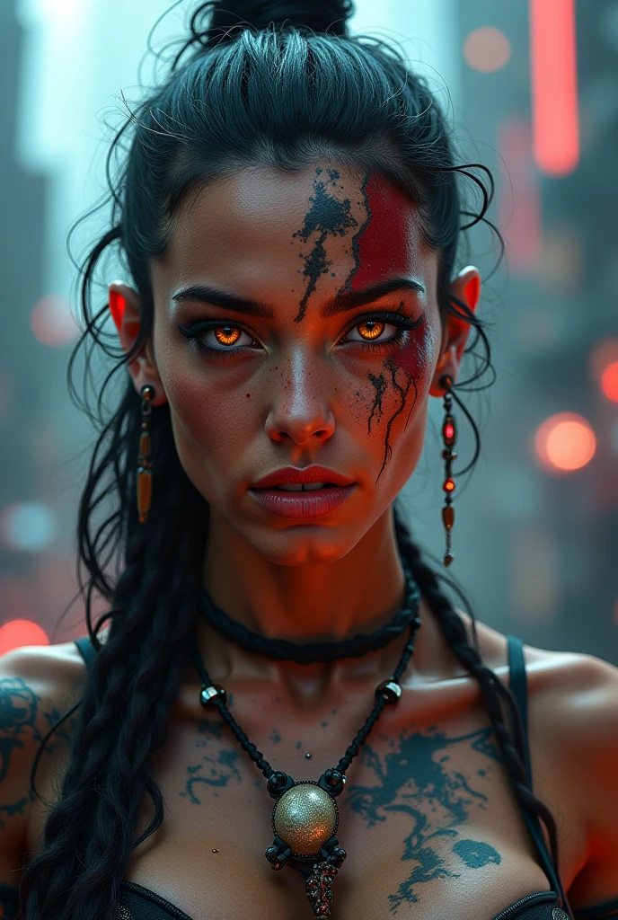 (best quality, 4k, 8k, highres, masterpiece:1.2), ultra-detailed ,illustration, full body portrait of a 20yo dark black woman villain with glowing red eyes, glowing red eyes, cute lustful woman with red dreadlocks, sensual, (passionate), gigantic breasts, gigantic hips, gigantic butt, wet skin, back to the camera, tribal tattoos, looking over shoulder, (gorgeous:1.2), detailed face, soothing tones, high contrast, (natural skin texture, hyperrealism, soft light, sharp), glowing red eyes, standing away from camera, dead superheroes in the background, 1girl, Solo, High Resolution, Looking at viewer,