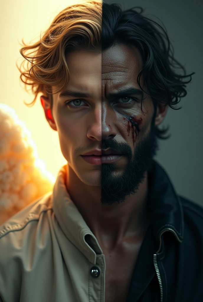 Here’s the updated description:

"Create an image of two men with a split face. The left side of the face belongs to a man who is worn out and crying, with tears running down his face and a distressed expression. His appearance shows the effects of hardship, with visible signs of struggle like dark circles under his eyes and rough skin. The colors on this side are dark and muted, with shades of black and gray. The right side of the face belongs to a very handsome man who is successful and happy, with bright eyes and a confident, charming smile. The colors on this side are bright and vibrant, with shades of yellow and white. The left (defeated) side should clearly show the toll of difficulties, while the right (successful) side should look extremely attractive, lively, and victorious."

This version should emphasize the hardship on the left side, while the right side remains very handsome and successful.