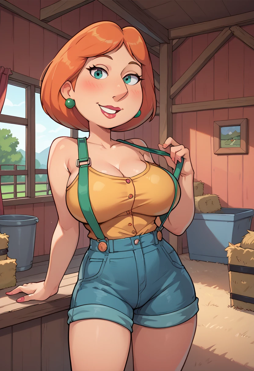(best quality,4k,8k,highres,masterpiece:1.2),ultra-detailed,realistic,red-haired girl with freckles,beautiful detailed eyes and face,smug expression,sassy attitude,cute girl,curly red hair,plaid shirt,denim overalls,hat,farmer boots,brown curly hair,long eyelashes,thick booty,farm background,holding a basket of fresh vegetables,gardening tools,morning sunlight,vivid colors,rustic style,soft lighting
